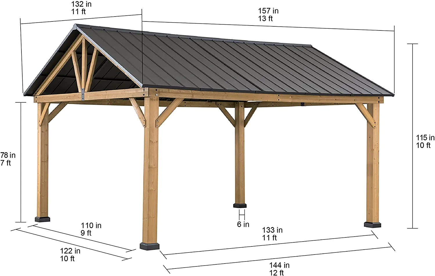 11 x 13 ft. Outdoor Patio Premium Cedar Frame Wood Gazebo with Matte Black Steel Gable Hardtop Roof