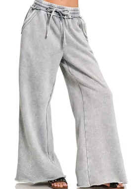 Acid Wash Fleece Palazzo Sweatpants in Sleet by Zenana