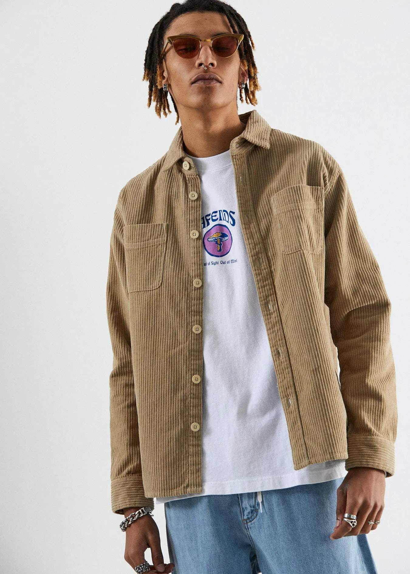 Afends Mens Killer Wale - Corduroy Long Sleeve Shirt - Dirty Beige