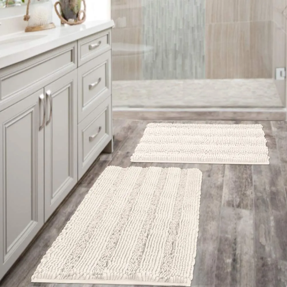 Bathroom Rugs,  Super Absorbent Chenille Striped Non Skid Machine Wash Dry Rugs, Set of 2, 47 x 17 Plus 17 x 24 Inches