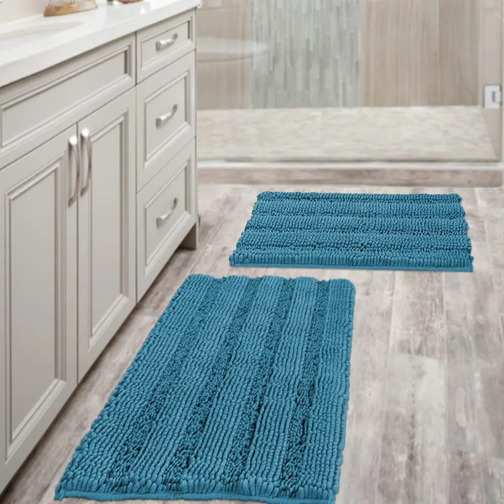 Bathroom Rugs,  Super Absorbent Chenille Striped Non Skid Machine Wash Dry Rugs, Set of 2, 47 x 17 Plus 17 x 24 Inches