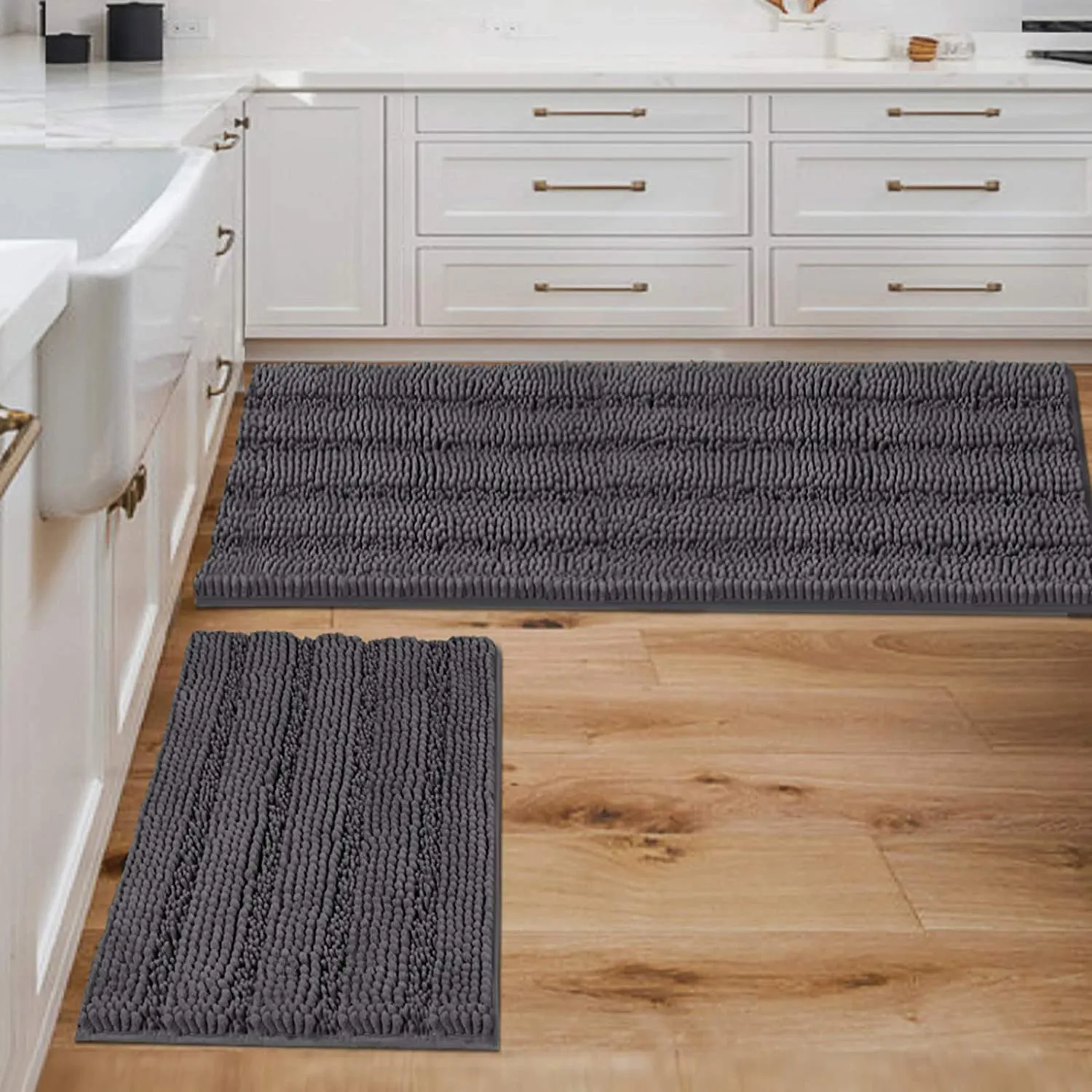 Bathroom Rugs,  Super Absorbent Chenille Striped Non Skid Machine Wash Dry Rugs, Set of 2, 47 x 17 Plus 17 x 24 Inches