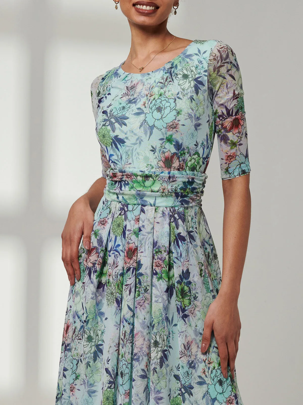 Bella Print 3/4 Sleeve Mesh Maxi Dress, Green Floral