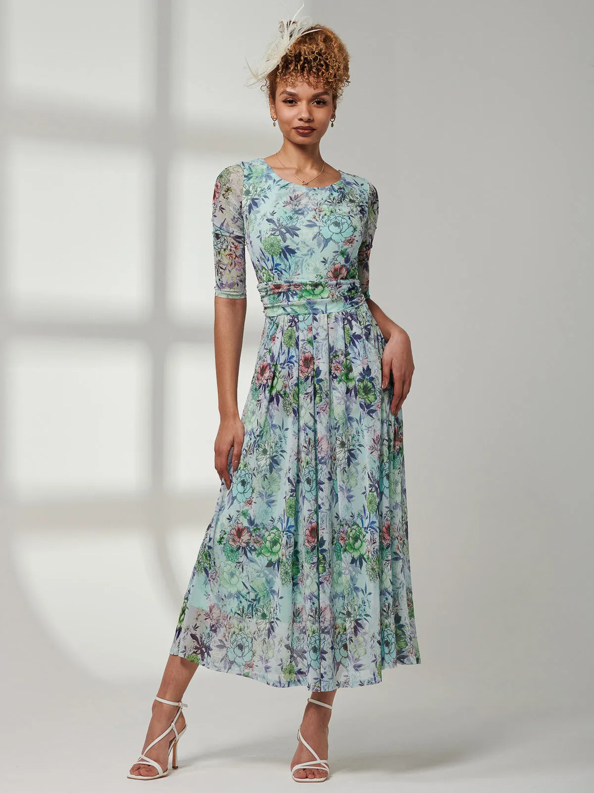 Bella Print 3/4 Sleeve Mesh Maxi Dress, Green Floral