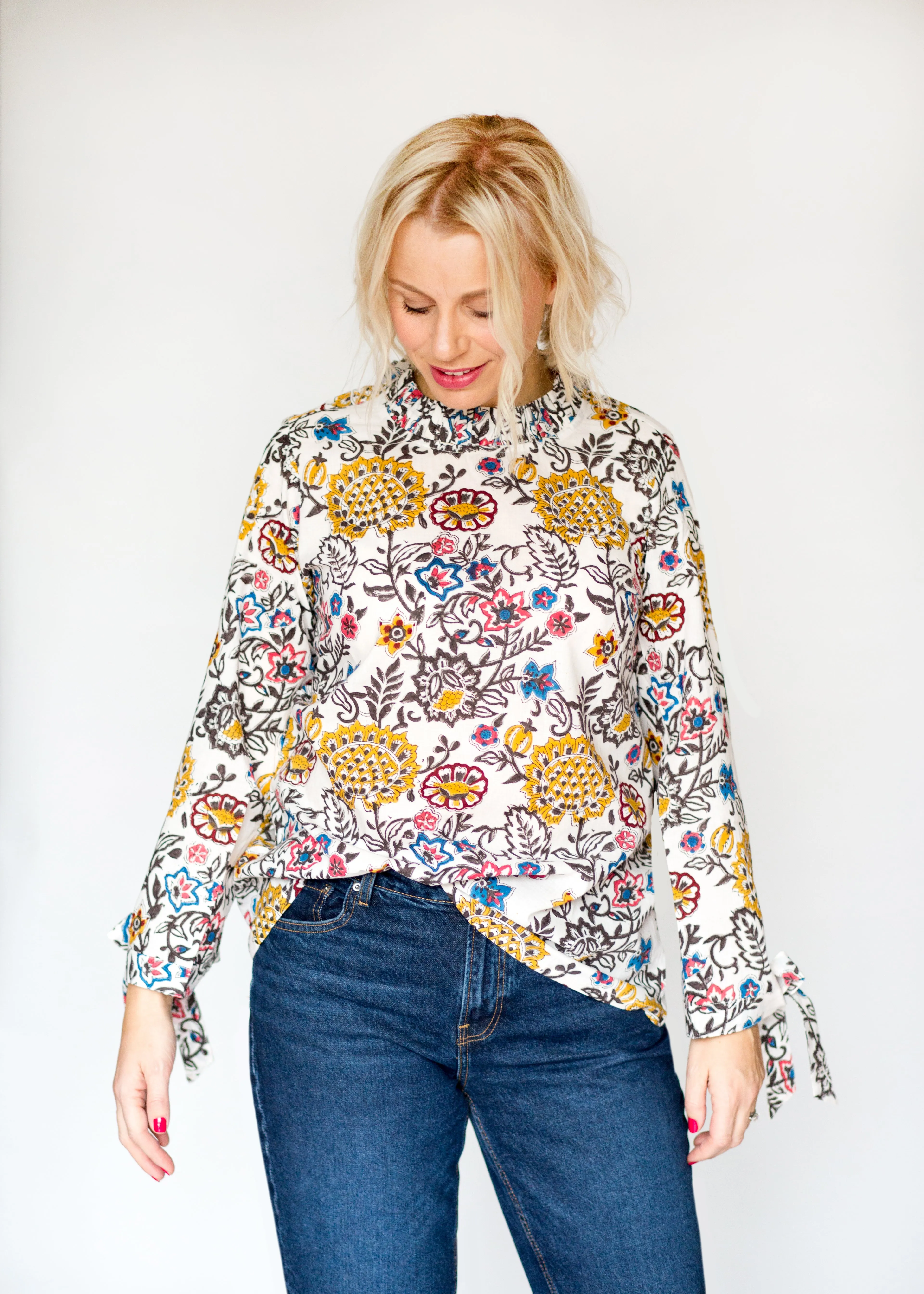 Bow Collar Blouse - Colourful block print