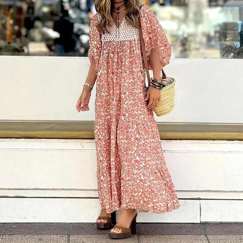 Casual Summer Print V-Neck Maxi Fashion Chic Puff Sleeve Big Swing Floral Loose Dress