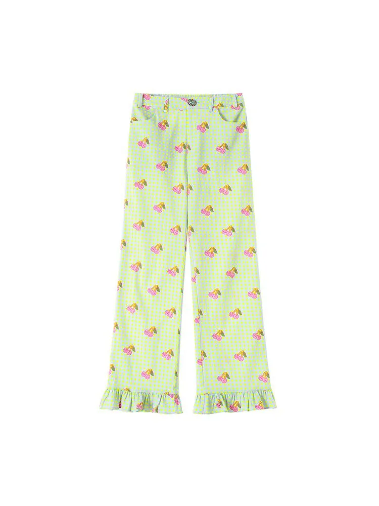 Cherry Plaid Print Ruffled Straight Leg Pants【s0000002620】