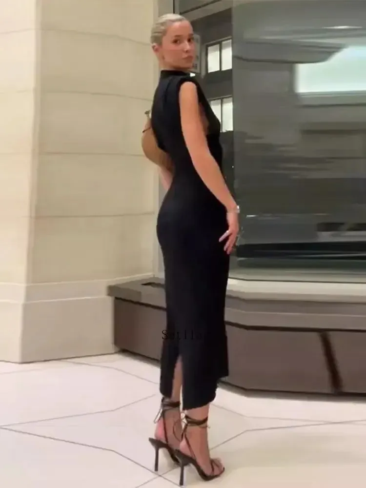 Chic Elegant High Waisted Sexy Rear Split Midi Dress for Office Lady Commuting