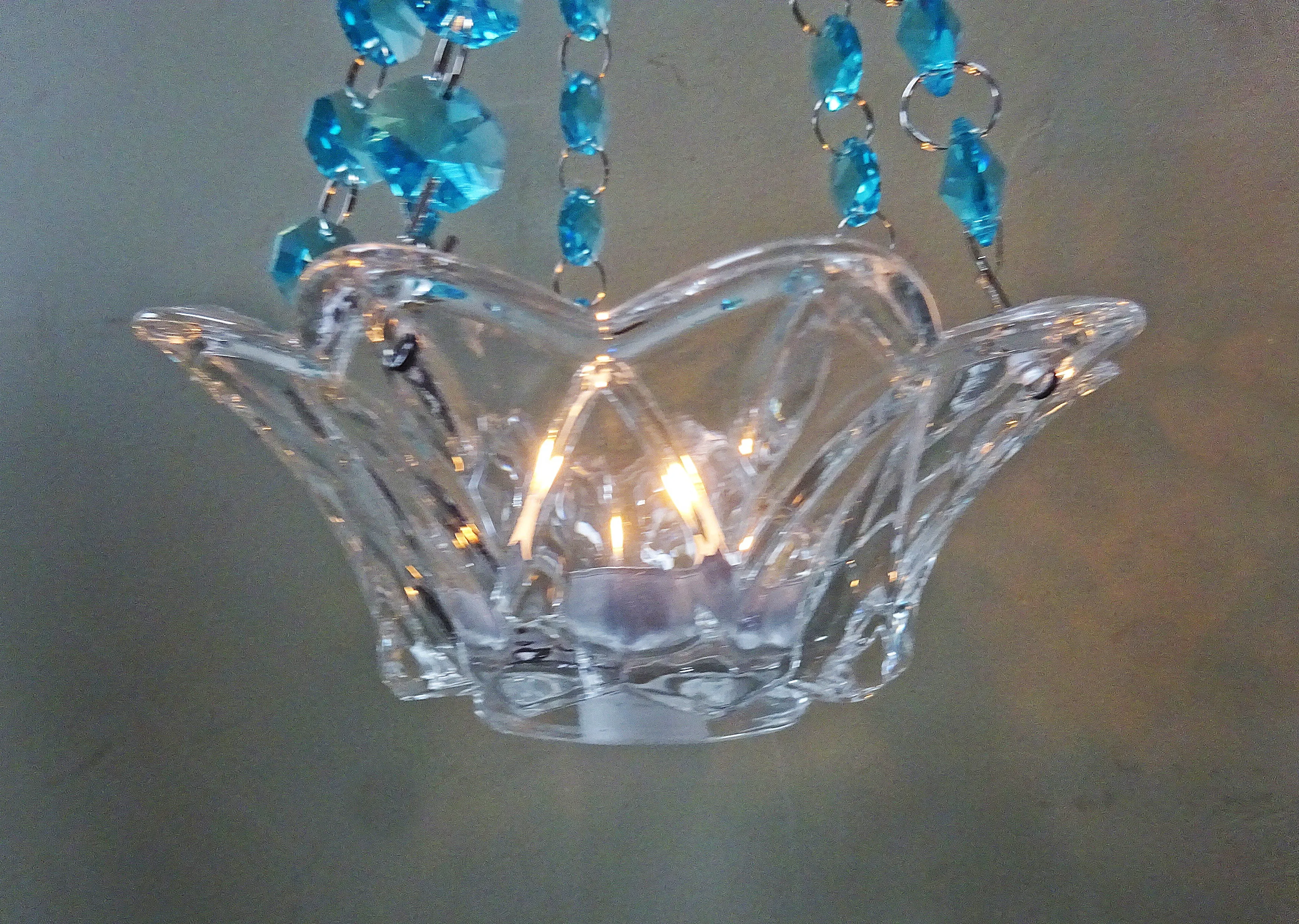 CLEARANCE Aqua Teal Glass Chandelier Tea Light Candle Holder Wedding Event or Garden Feature