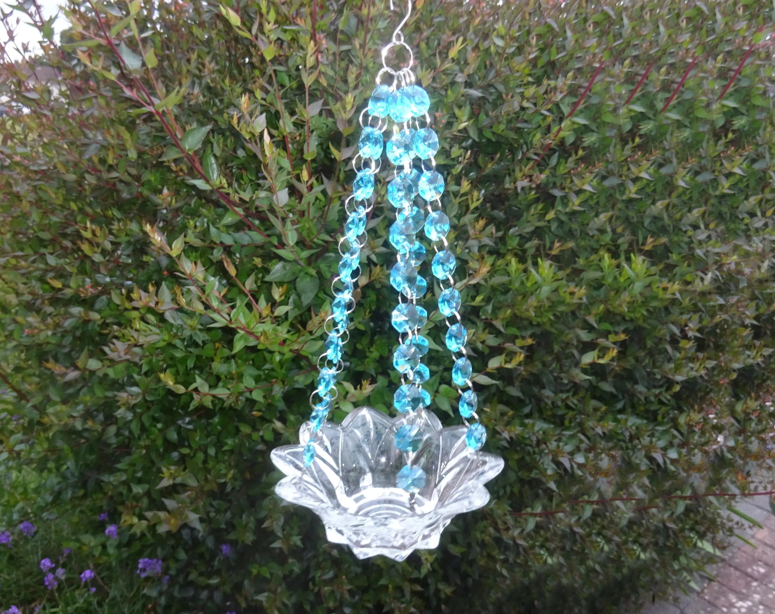 CLEARANCE Aqua Teal Glass Chandelier Tea Light Candle Holder Wedding Event or Garden Feature