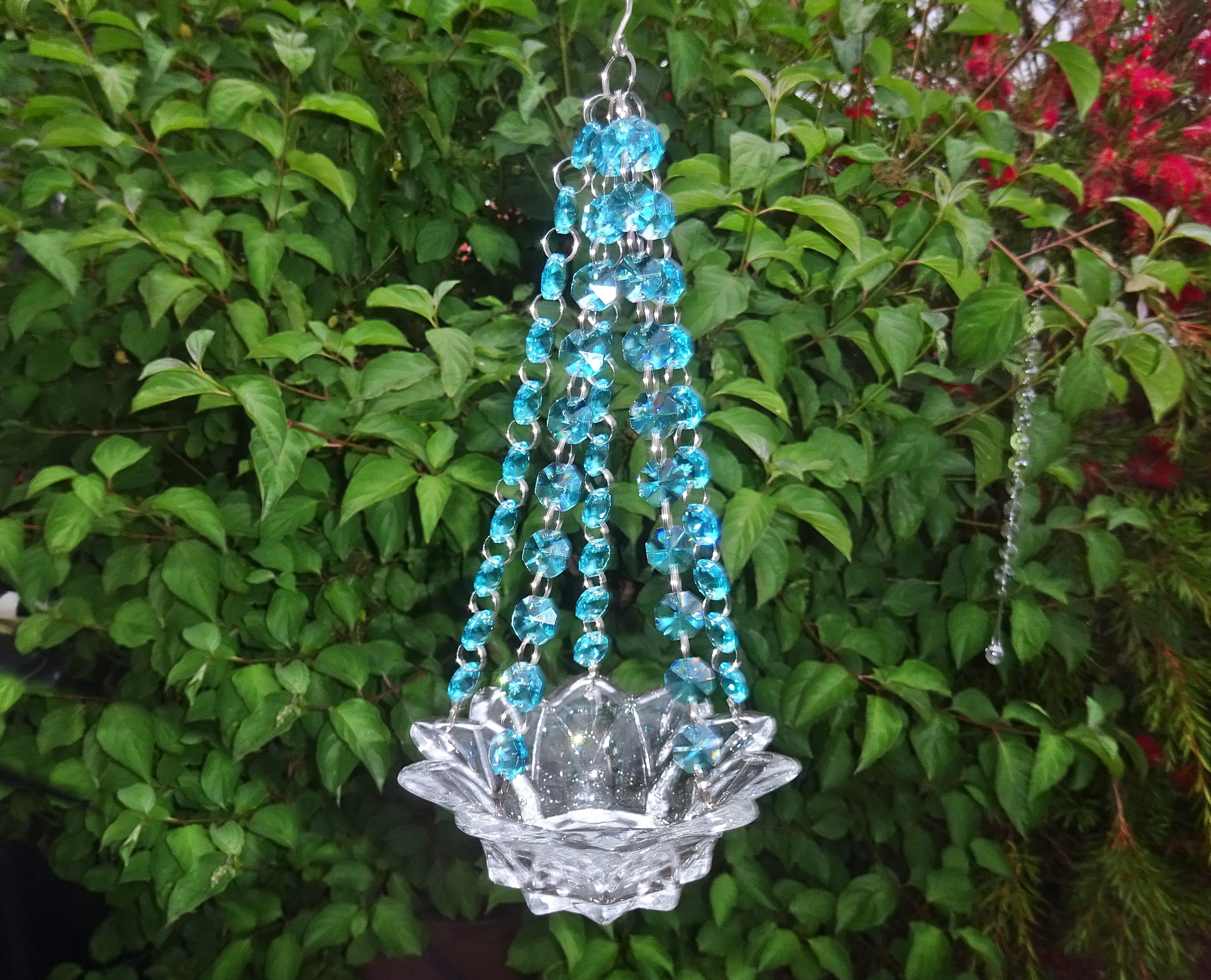 CLEARANCE Aqua Teal Glass Chandelier Tea Light Candle Holder Wedding Event or Garden Feature