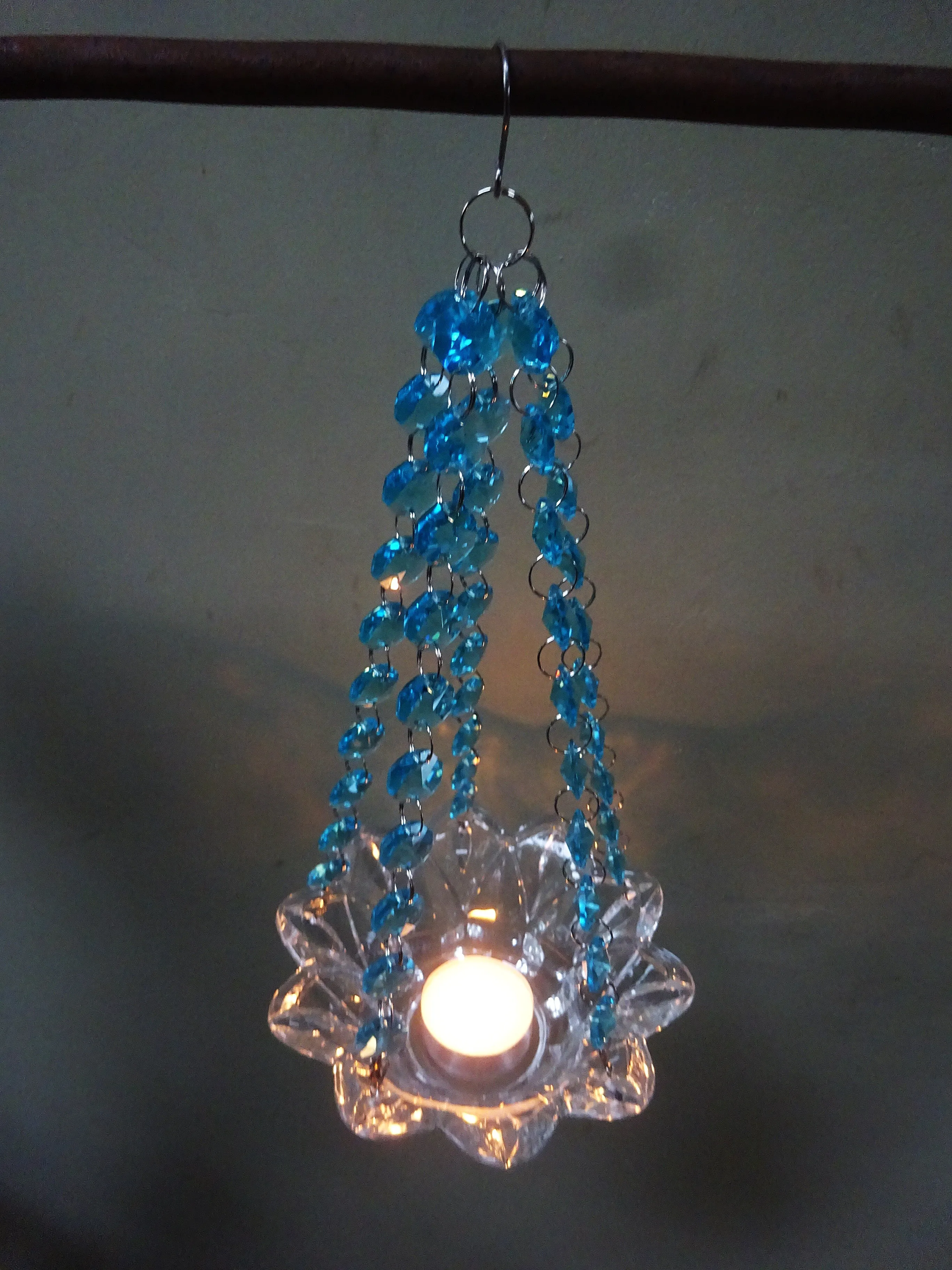 CLEARANCE Aqua Teal Glass Chandelier Tea Light Candle Holder Wedding Event or Garden Feature