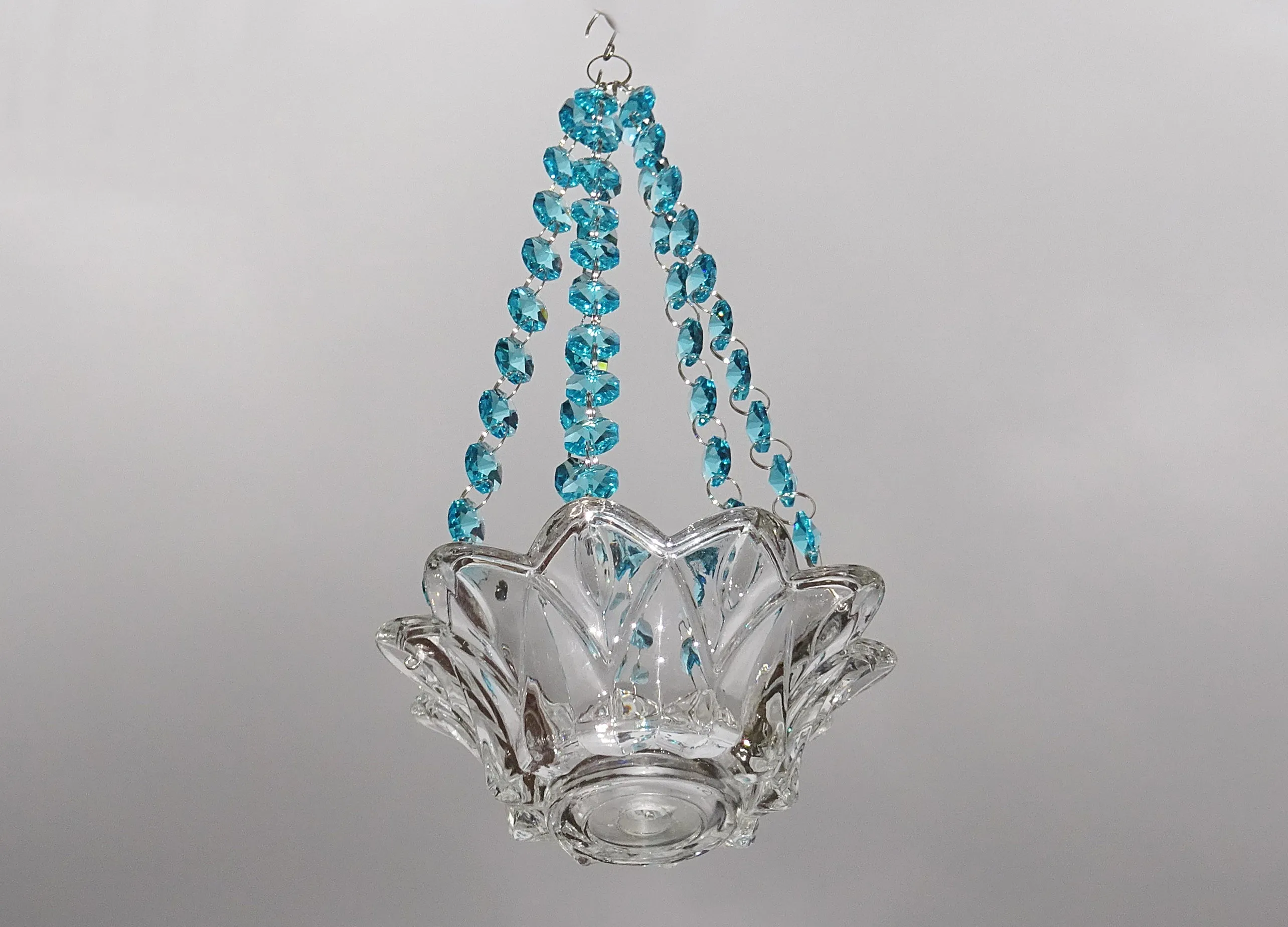 CLEARANCE Aqua Teal Glass Chandelier Tea Light Candle Holder Wedding Event or Garden Feature