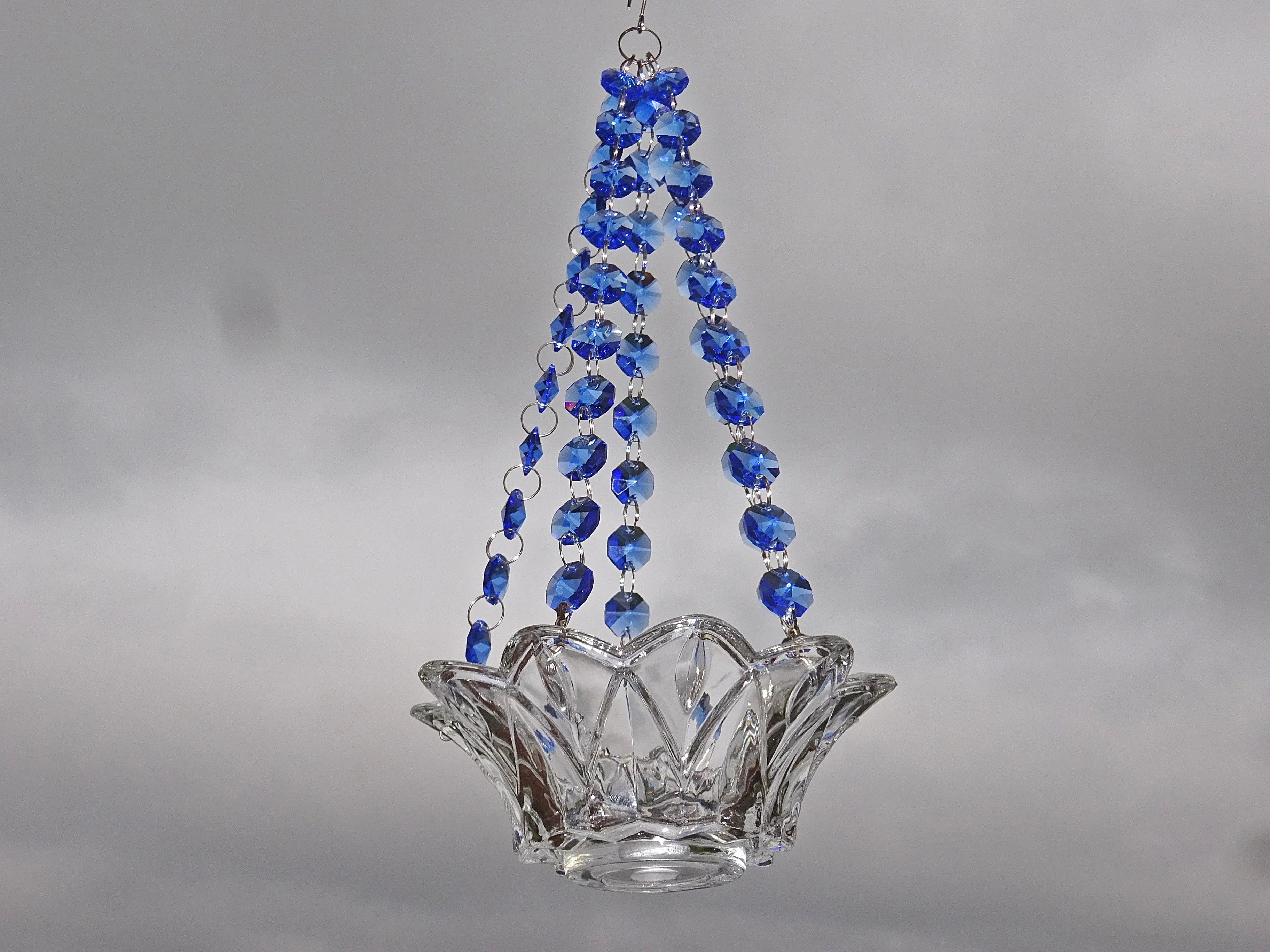 CLEARANCE Blue Glass Chandelier Tea Light Candle Holder Wedding Event or Garden Feature