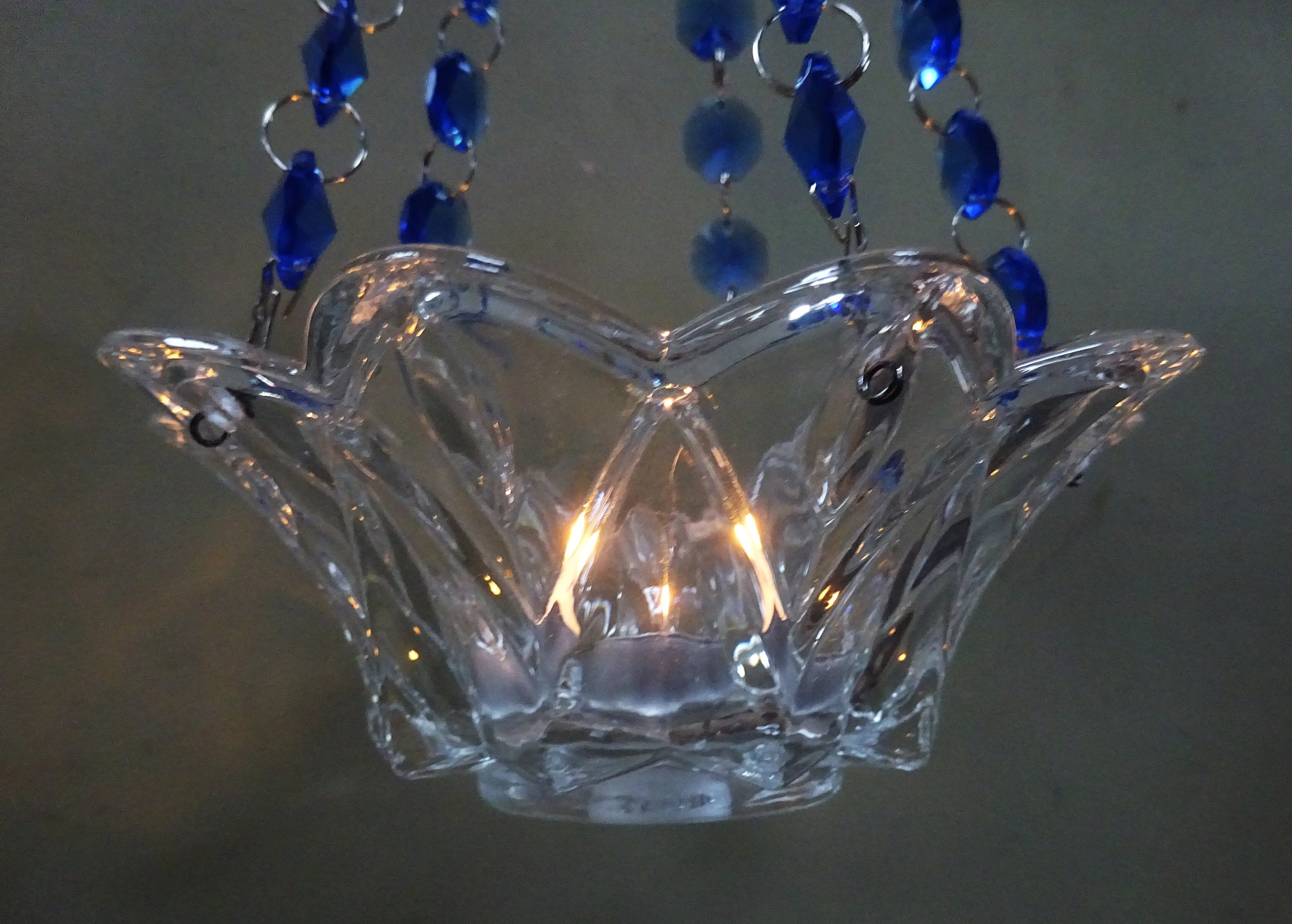 CLEARANCE Blue Glass Chandelier Tea Light Candle Holder Wedding Event or Garden Feature