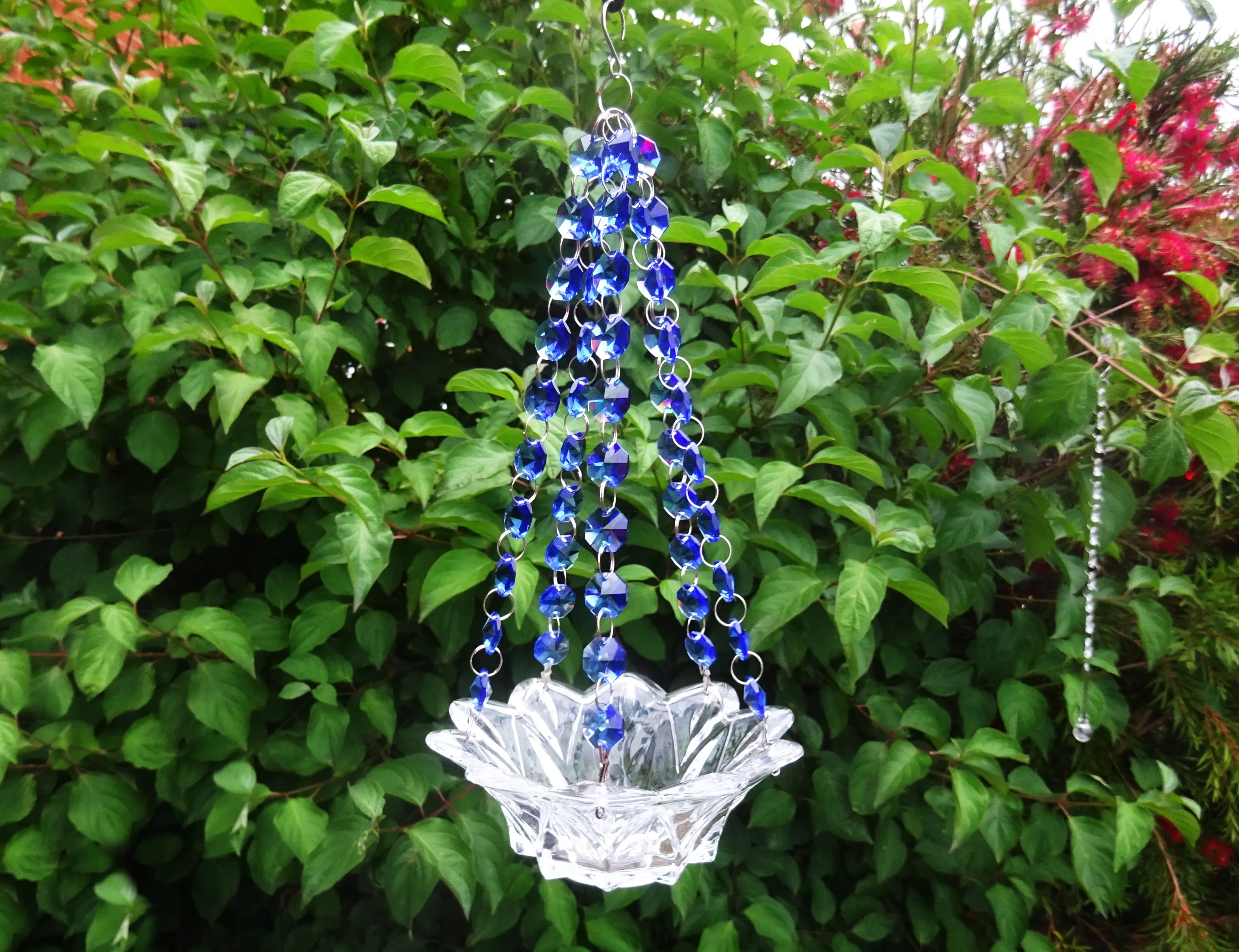 CLEARANCE Blue Glass Chandelier Tea Light Candle Holder Wedding Event or Garden Feature