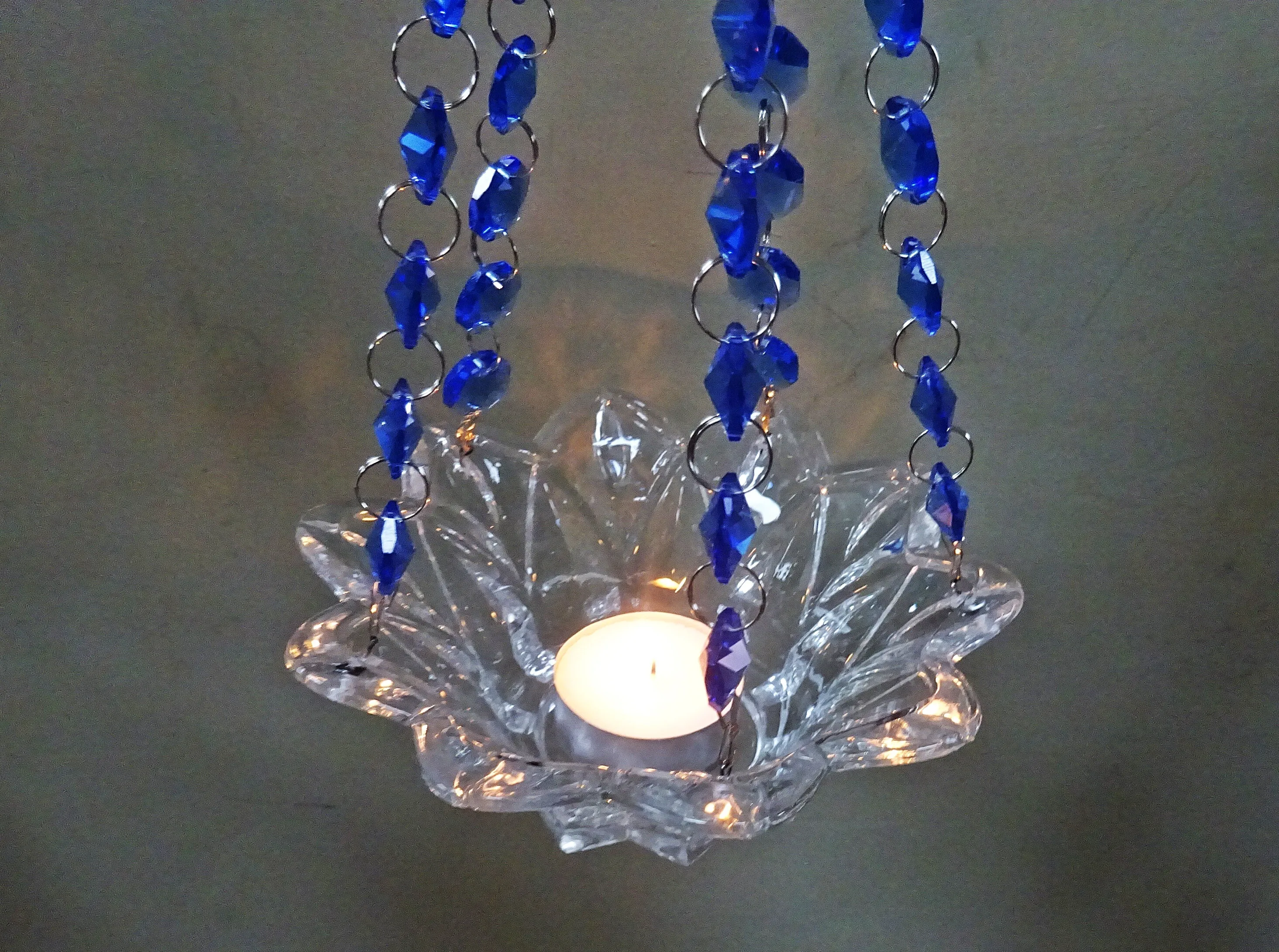 CLEARANCE Blue Glass Chandelier Tea Light Candle Holder Wedding Event or Garden Feature