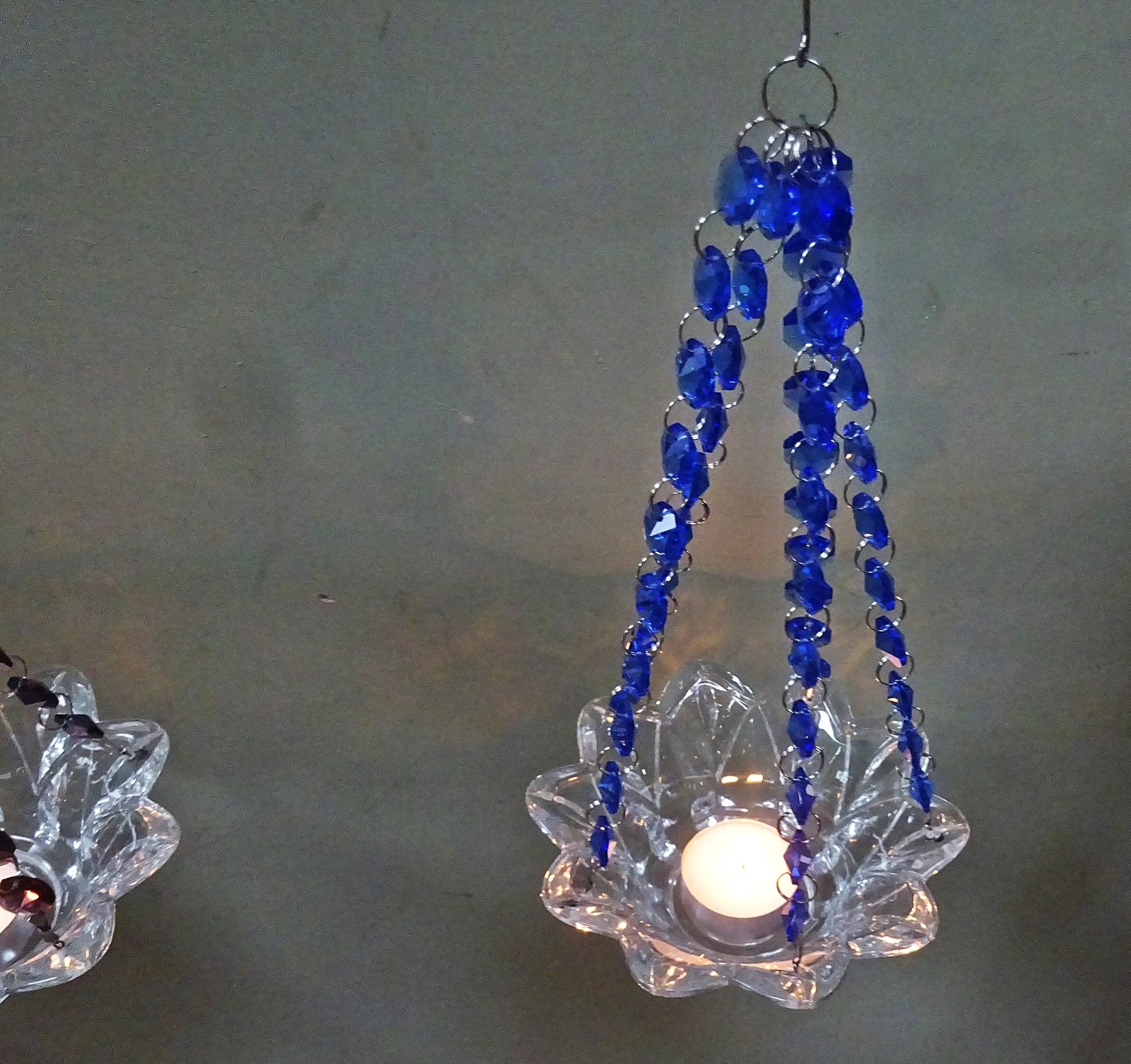 CLEARANCE Blue Glass Chandelier Tea Light Candle Holder Wedding Event or Garden Feature