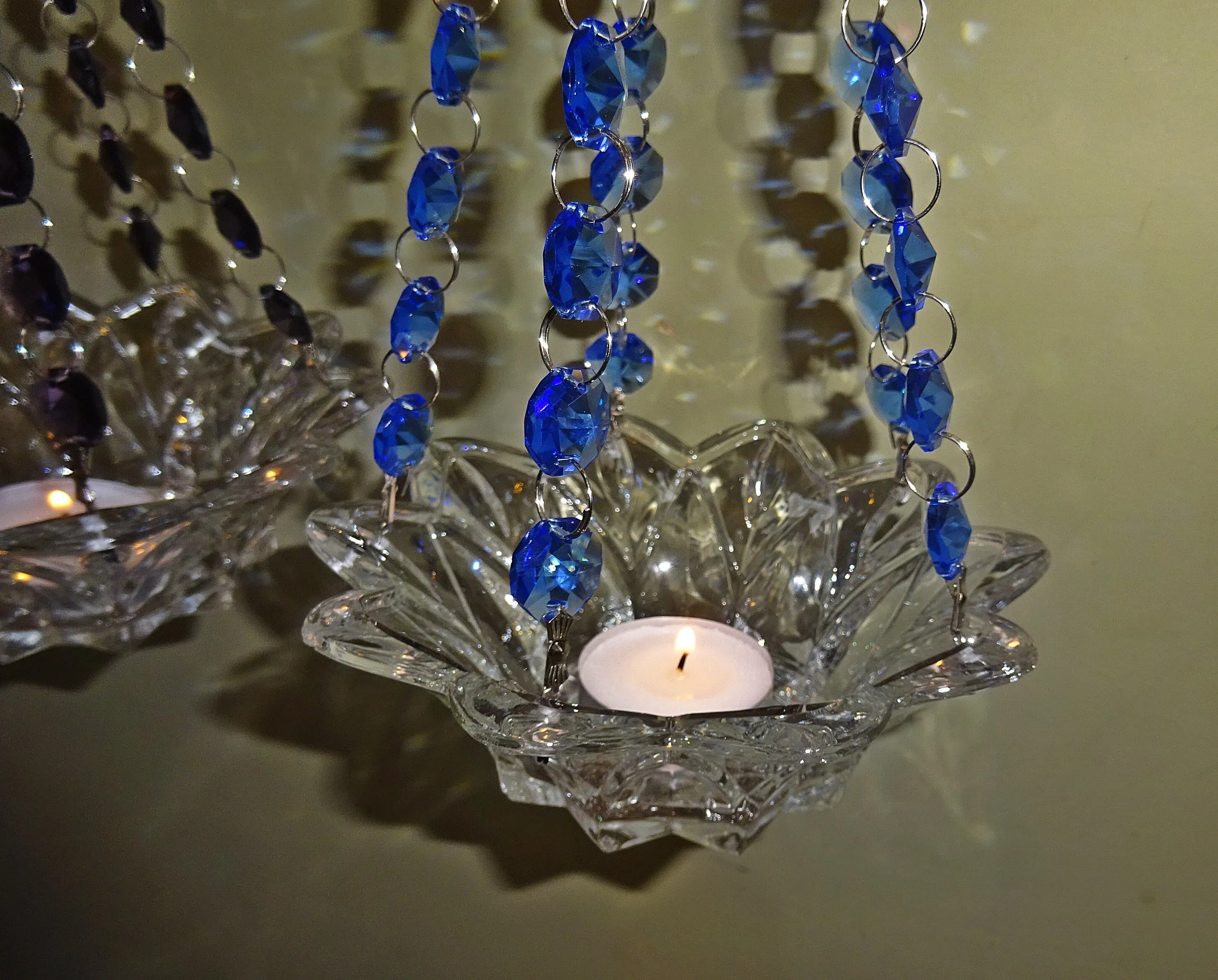 CLEARANCE Blue Glass Chandelier Tea Light Candle Holder Wedding Event or Garden Feature