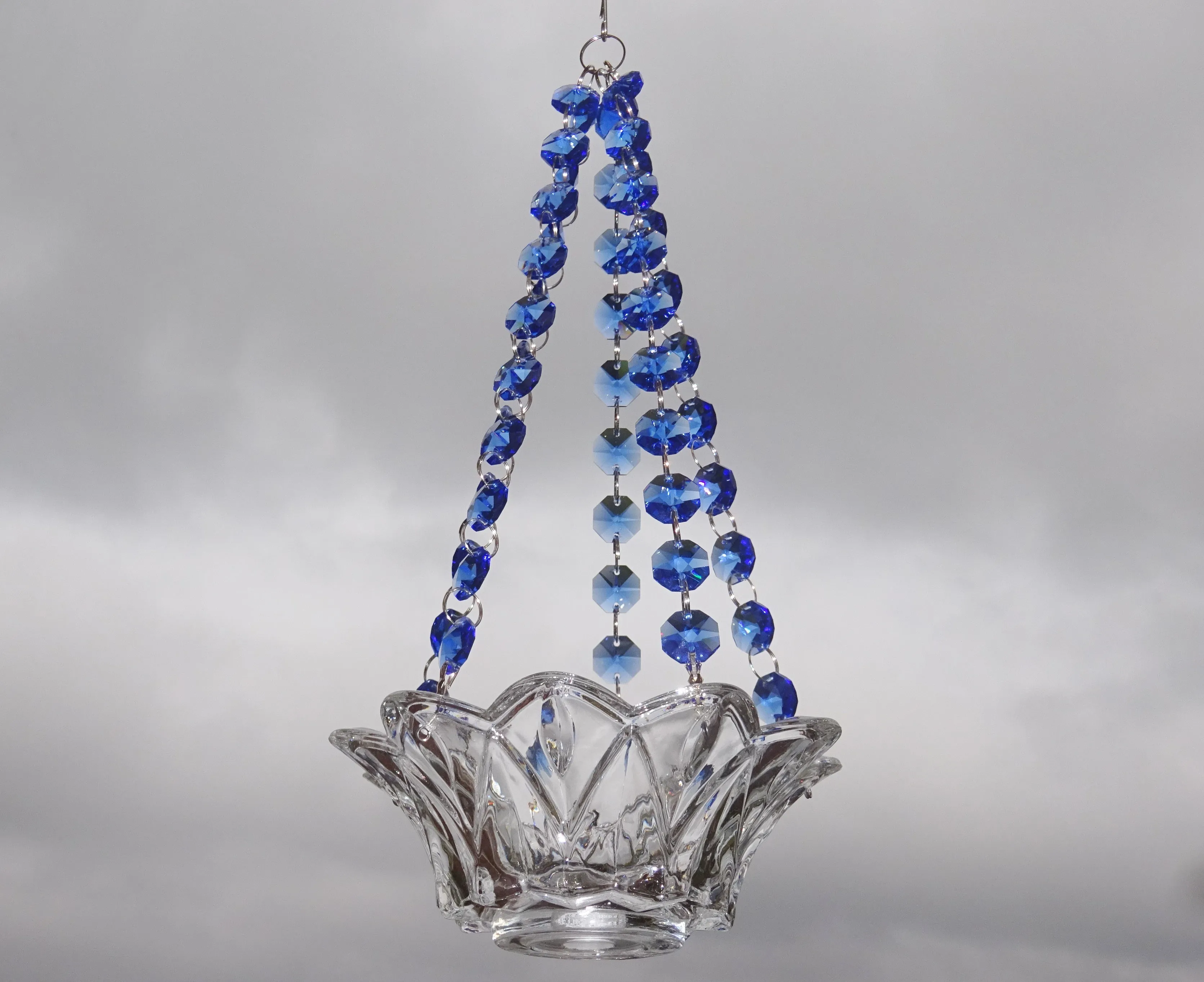 CLEARANCE Blue Glass Chandelier Tea Light Candle Holder Wedding Event or Garden Feature