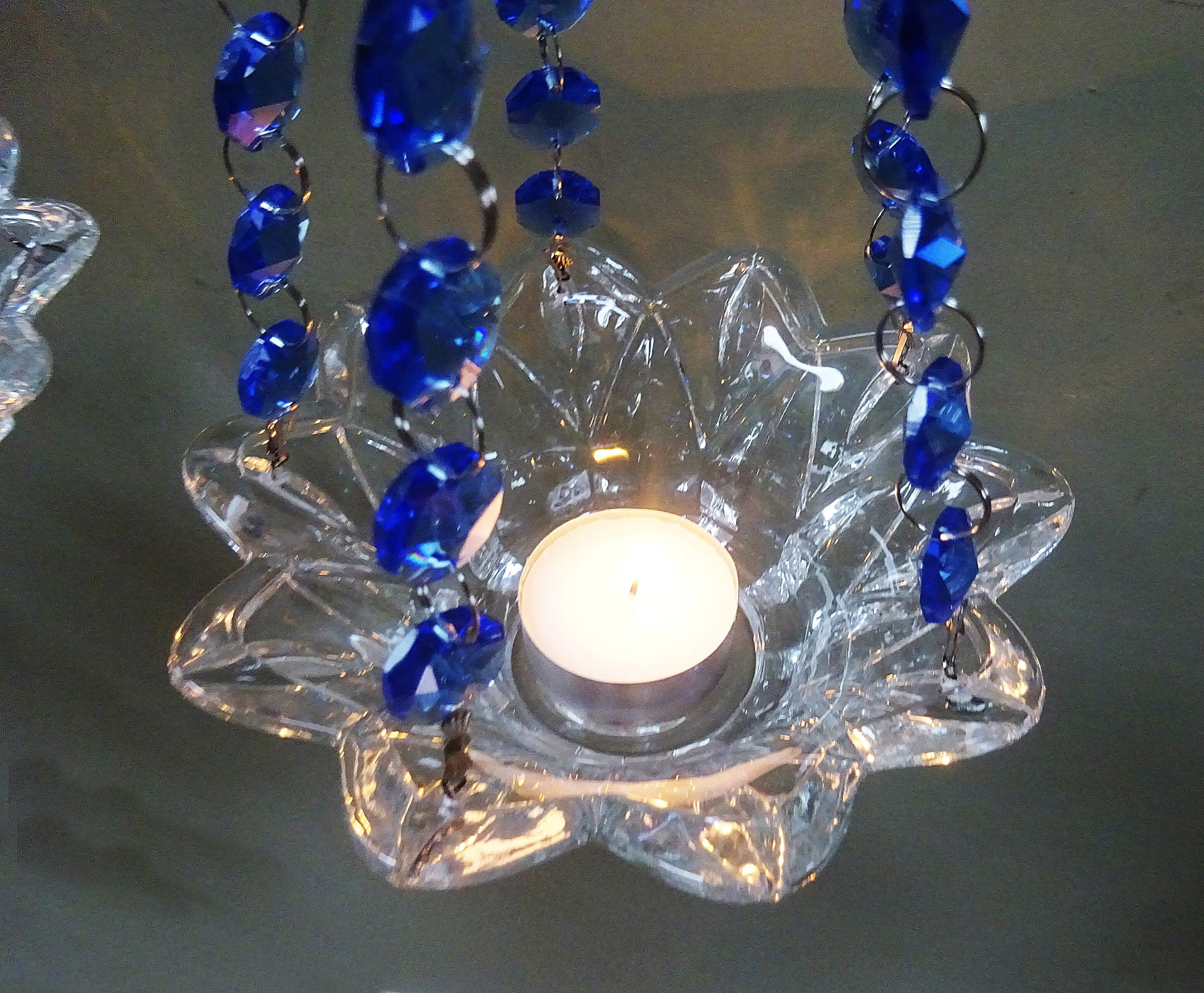 CLEARANCE Blue Glass Chandelier Tea Light Candle Holder Wedding Event or Garden Feature