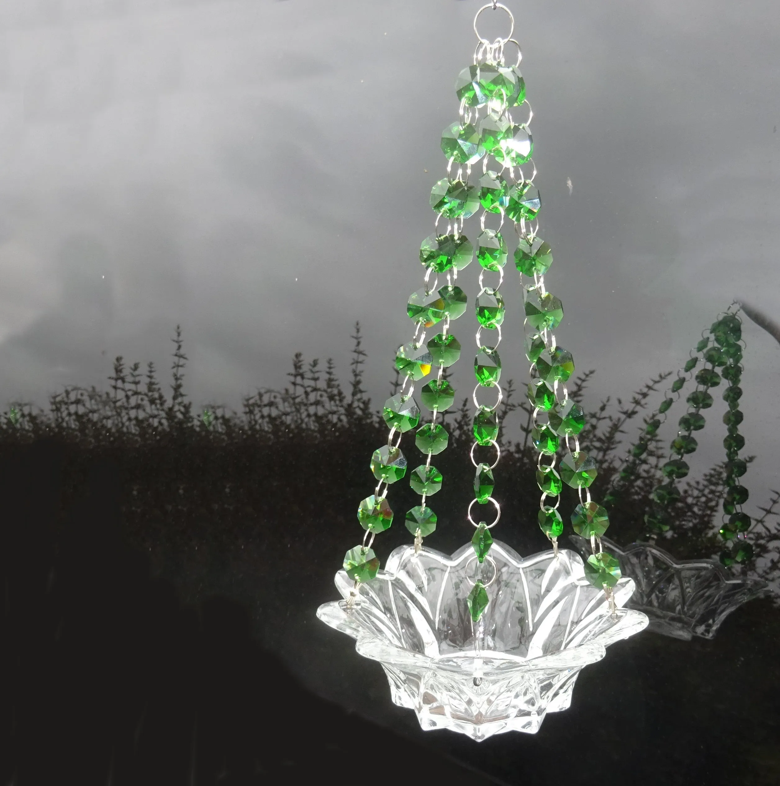 CLEARANCE Emerald Green Glass Chandelier Tea Light Candle Holder Wedding Event or Garden Feature