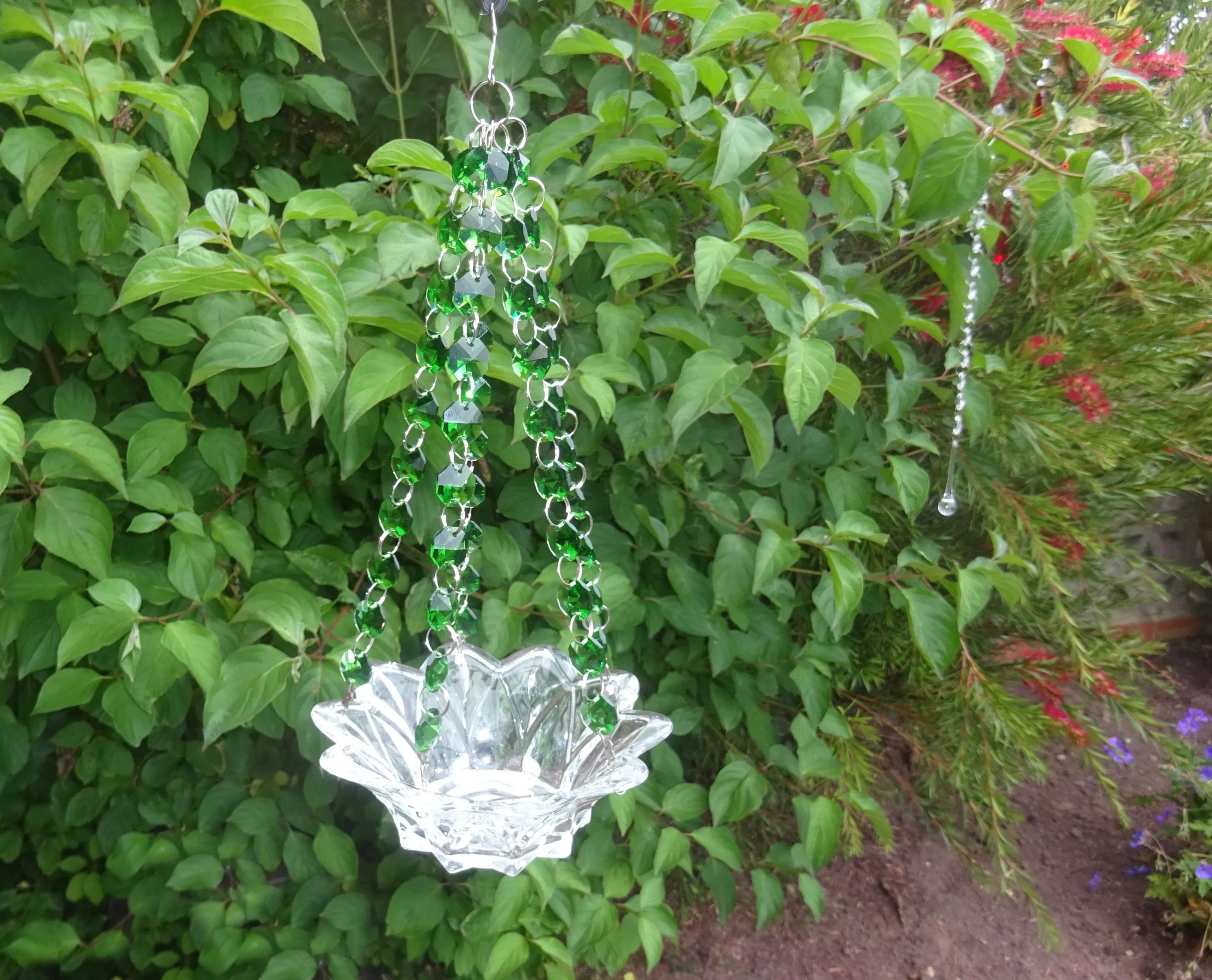 CLEARANCE Emerald Green Glass Chandelier Tea Light Candle Holder Wedding Event or Garden Feature