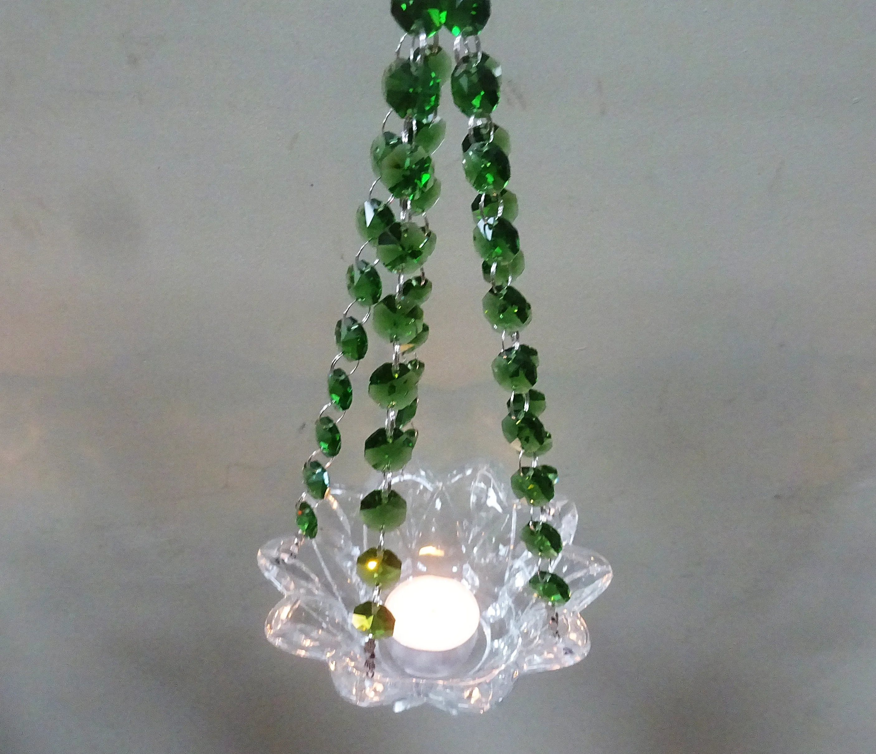 CLEARANCE Emerald Green Glass Chandelier Tea Light Candle Holder Wedding Event or Garden Feature