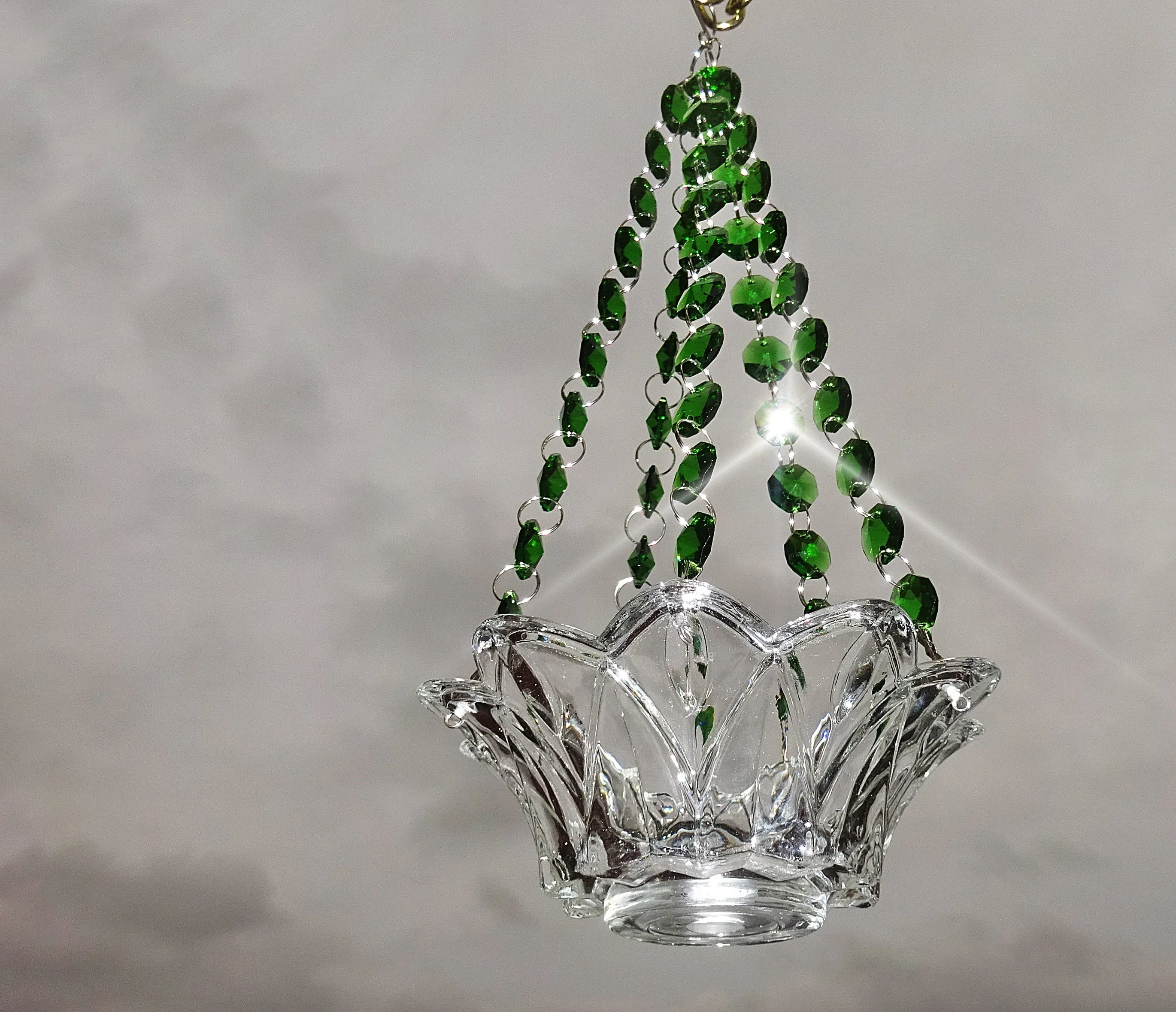 CLEARANCE Emerald Green Glass Chandelier Tea Light Candle Holder Wedding Event or Garden Feature