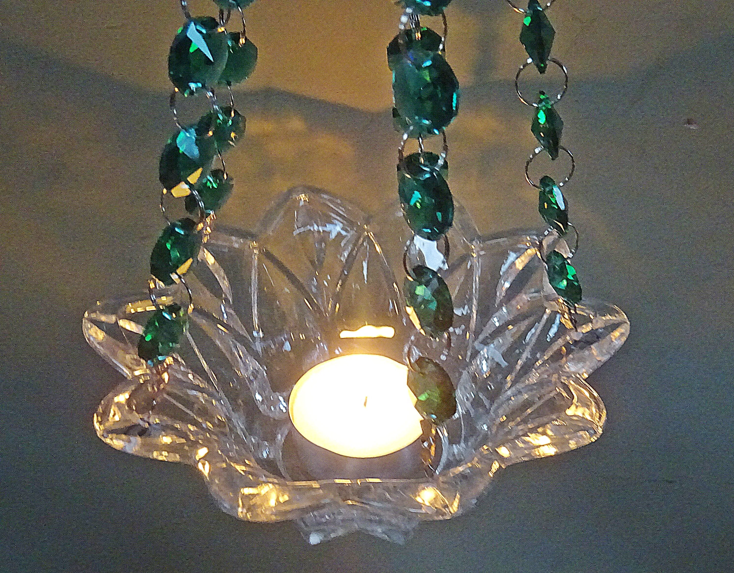 CLEARANCE Peacock Green Glass Chandelier Tea Light Candle Holder Wedding Event or Garden Feature