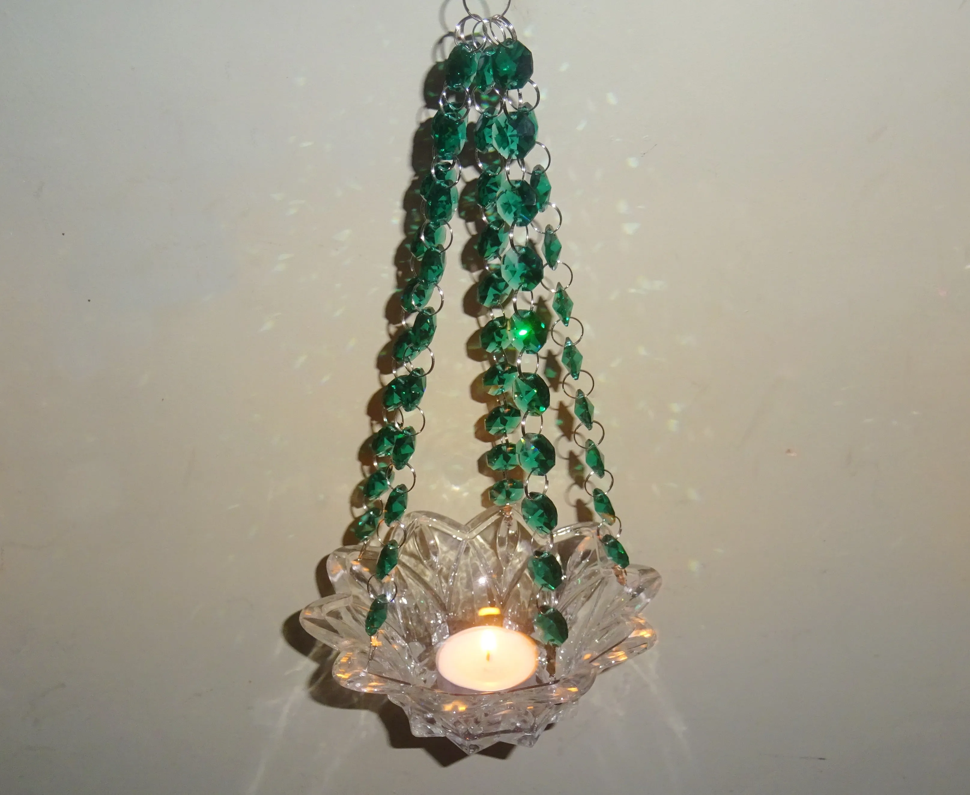 CLEARANCE Peacock Green Glass Chandelier Tea Light Candle Holder Wedding Event or Garden Feature