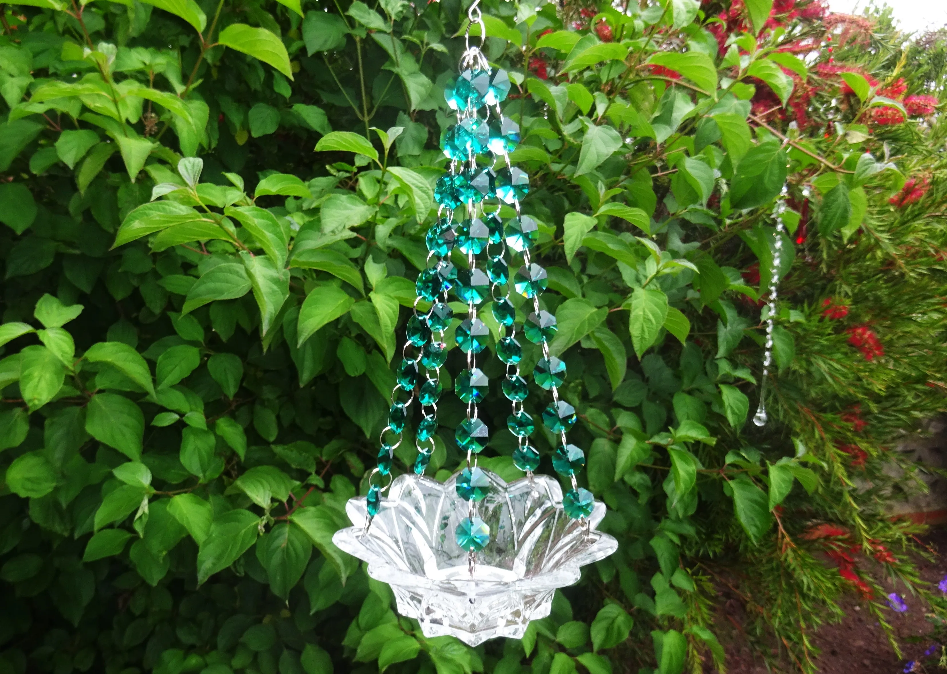 CLEARANCE Peacock Green Glass Chandelier Tea Light Candle Holder Wedding Event or Garden Feature