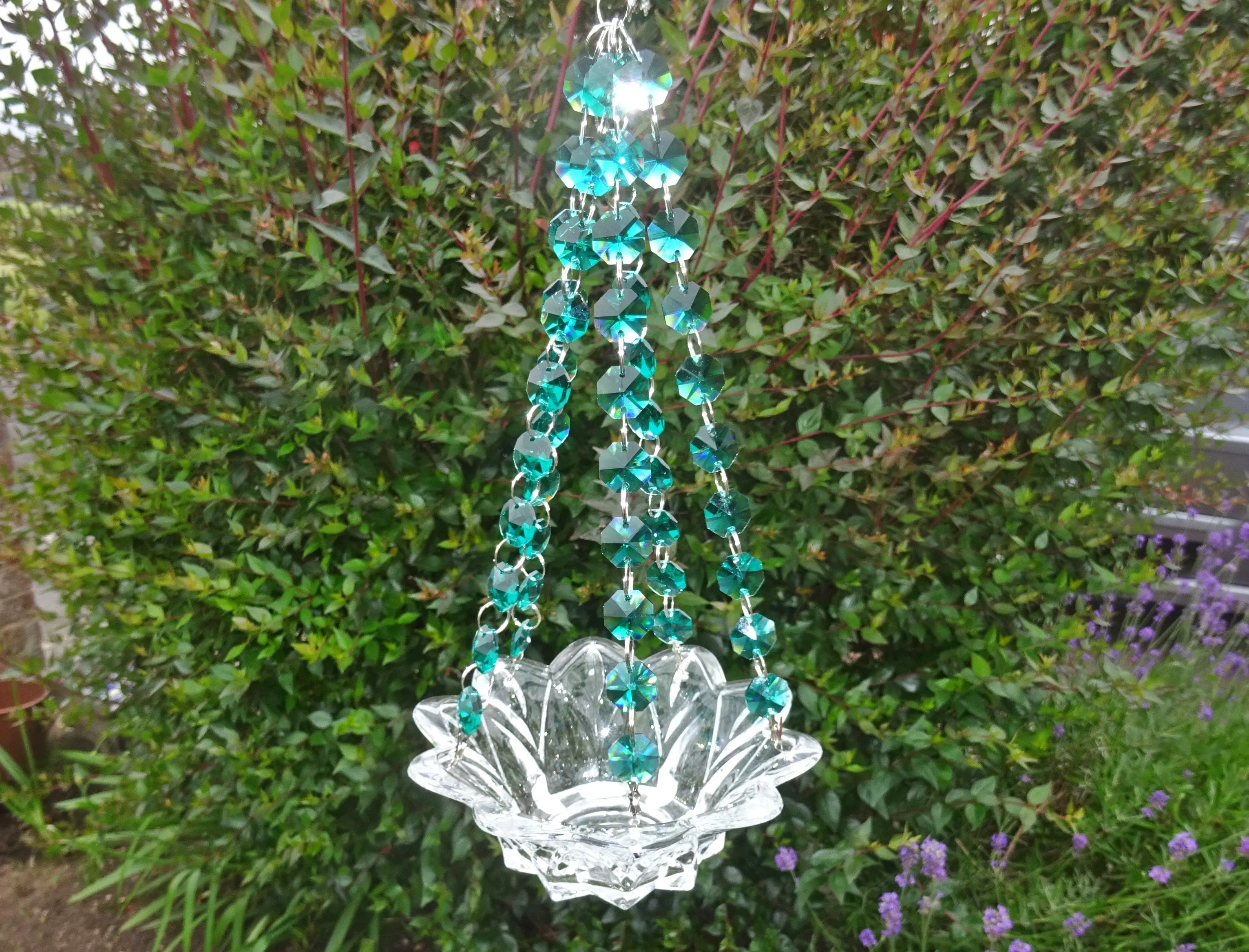 CLEARANCE Peacock Green Glass Chandelier Tea Light Candle Holder Wedding Event or Garden Feature