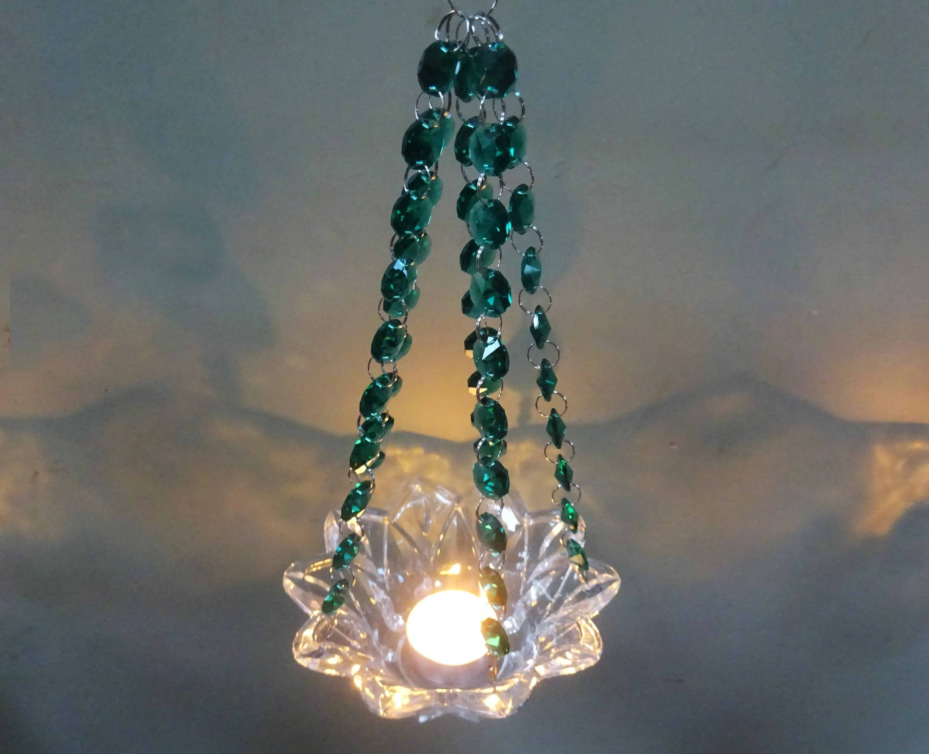 CLEARANCE Peacock Green Glass Chandelier Tea Light Candle Holder Wedding Event or Garden Feature