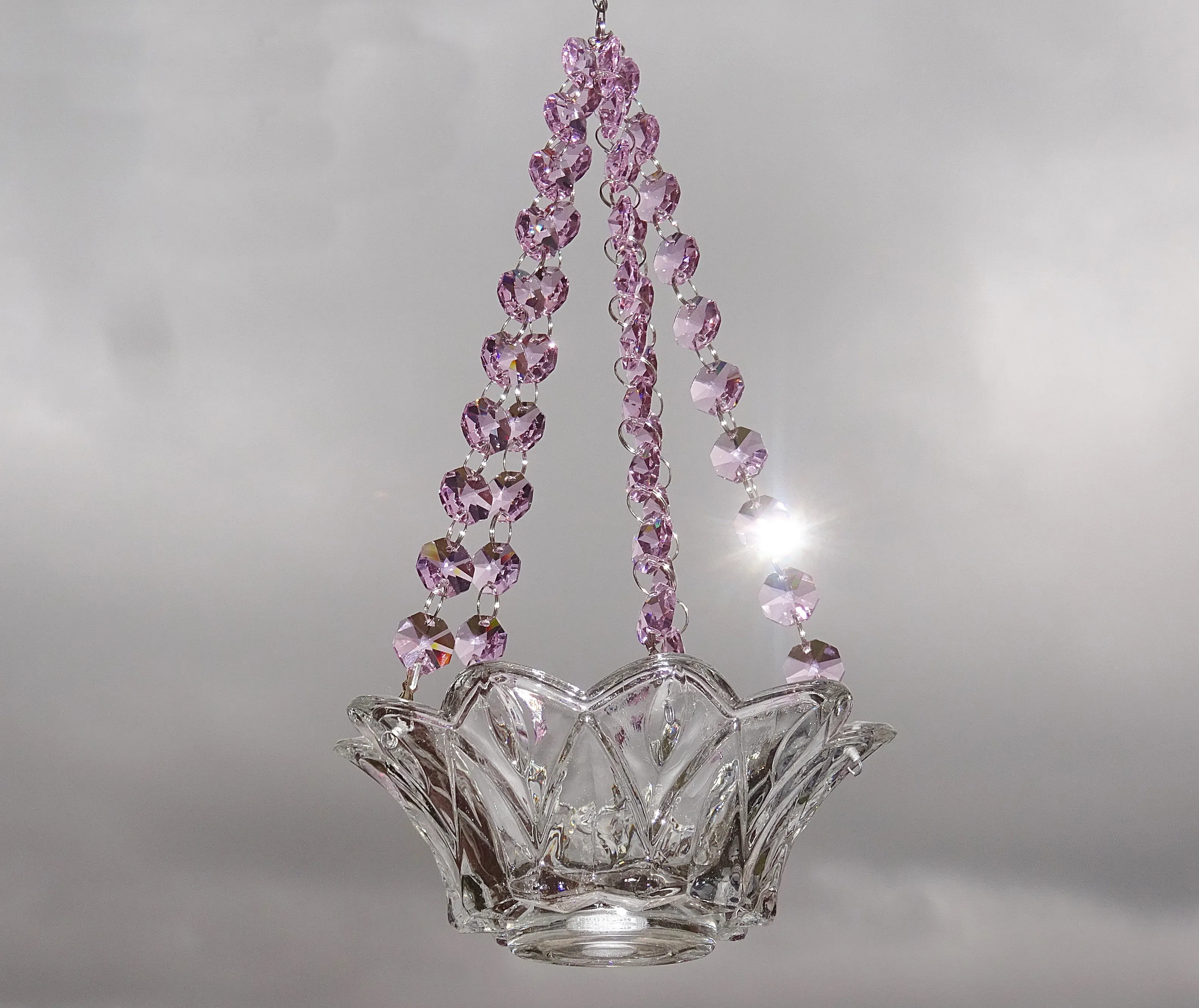 CLEARANCE Pink Glass Chandelier Tea Light Candle Holder Wedding Event or Garden Feature