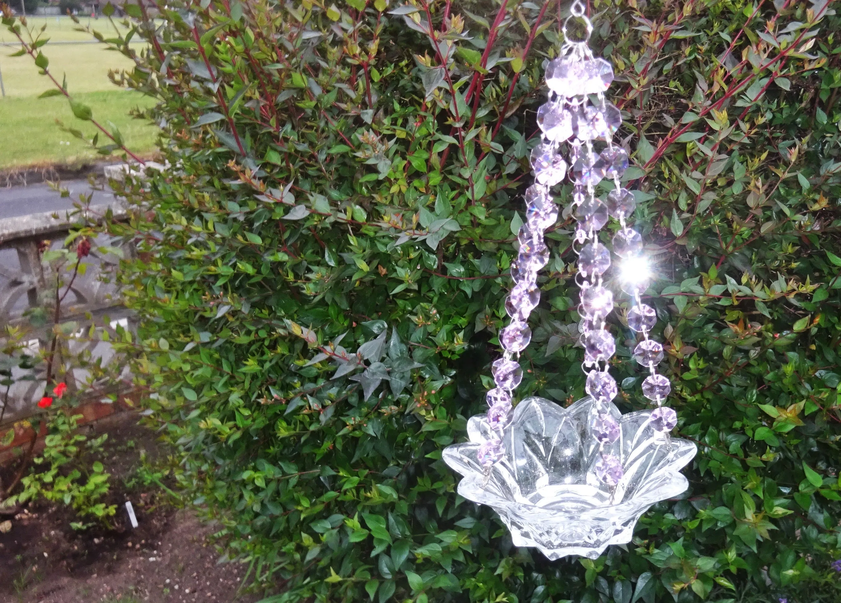 CLEARANCE Pink Glass Chandelier Tea Light Candle Holder Wedding Event or Garden Feature