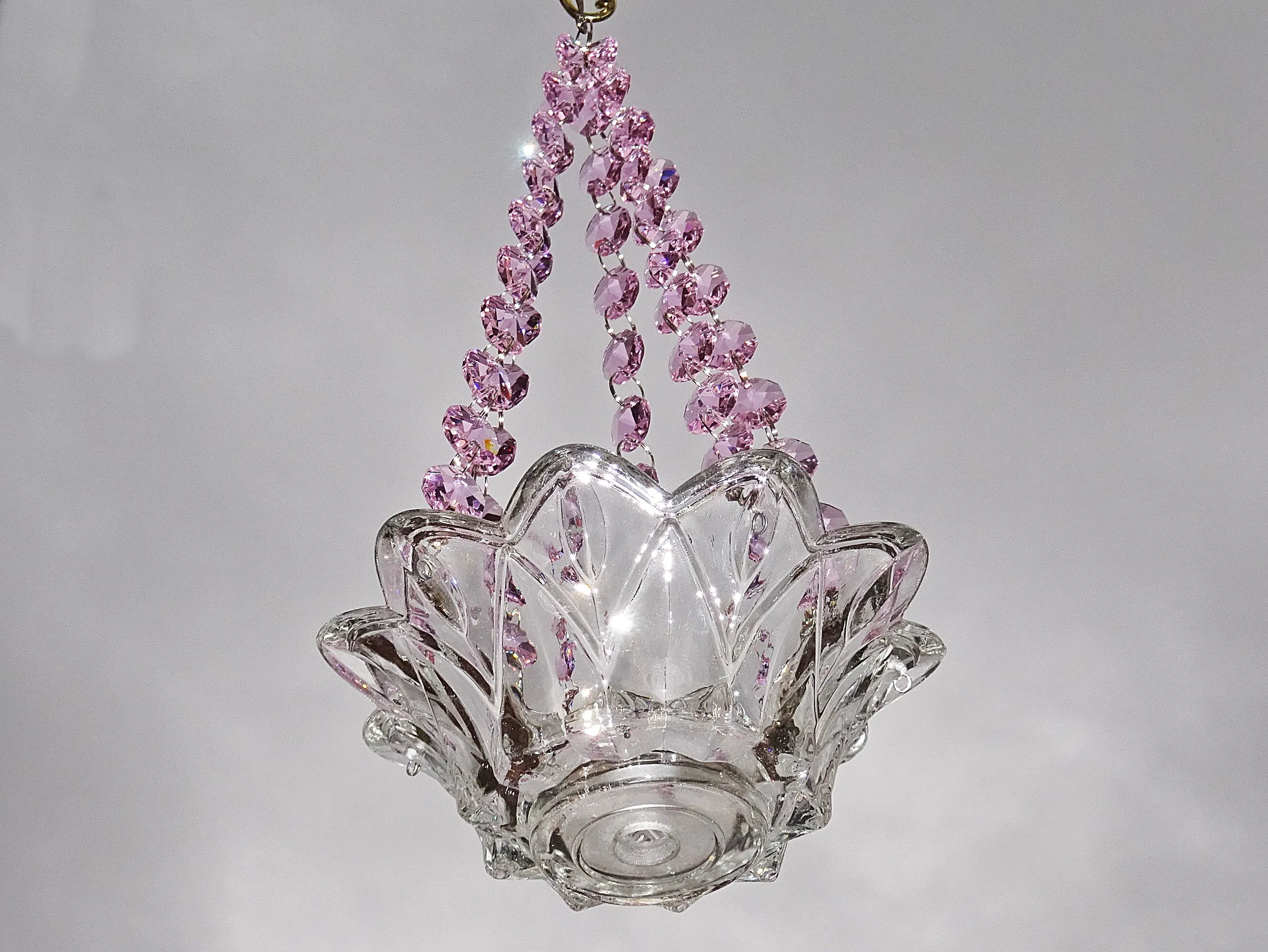 CLEARANCE Pink Glass Chandelier Tea Light Candle Holder Wedding Event or Garden Feature