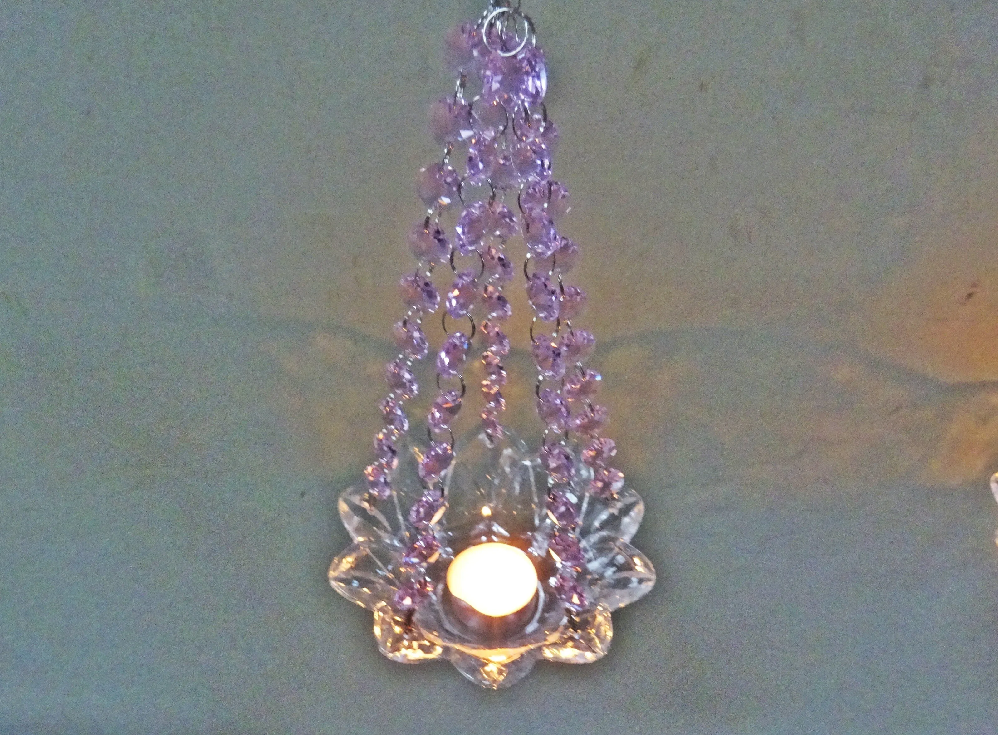 CLEARANCE Pink Glass Chandelier Tea Light Candle Holder Wedding Event or Garden Feature