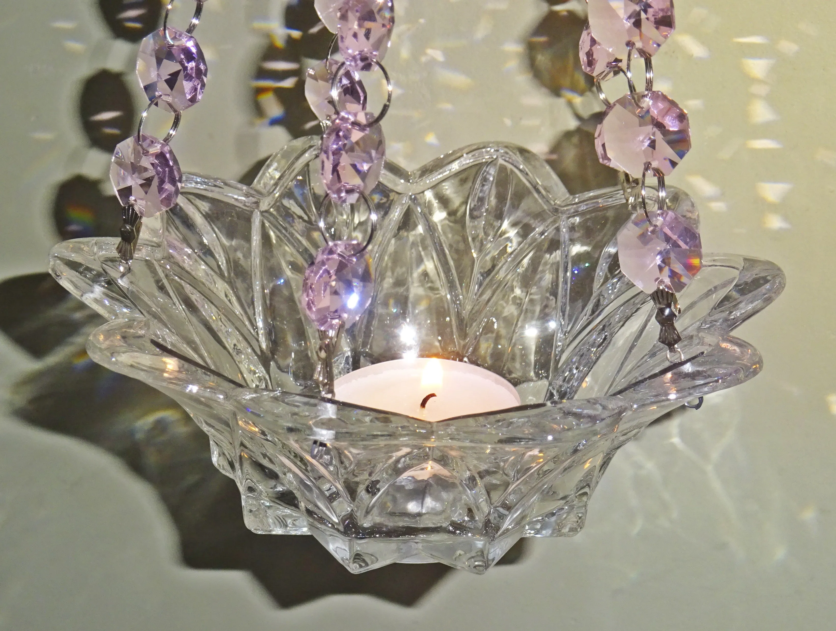 CLEARANCE Pink Glass Chandelier Tea Light Candle Holder Wedding Event or Garden Feature