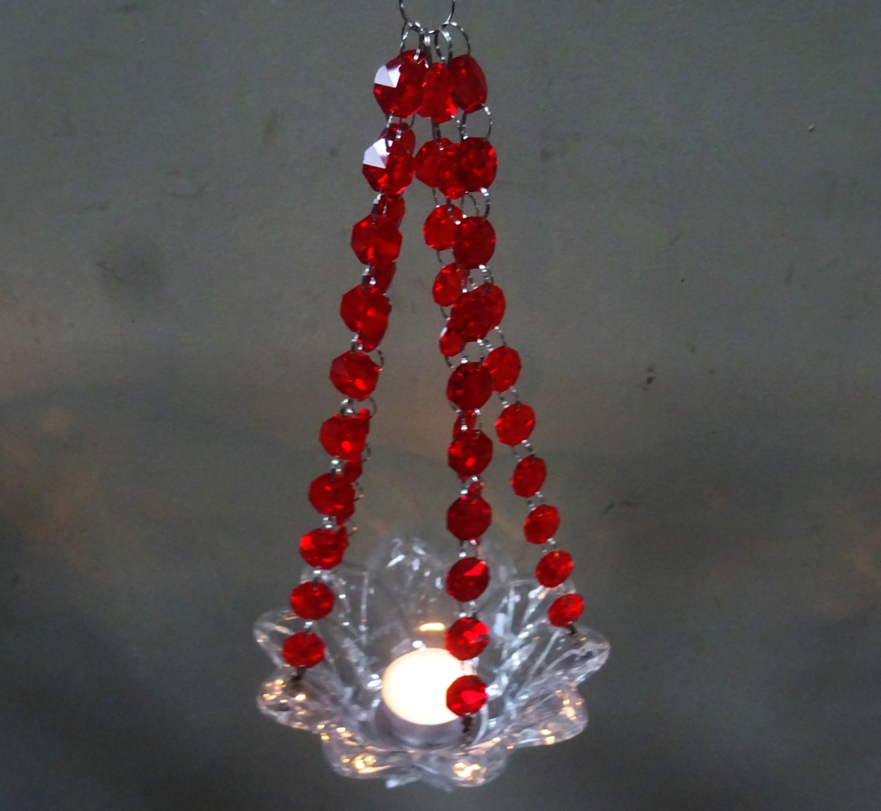 CLEARANCE Red Glass Chandelier Tea Light Candle Holder Wedding Event or Garden Feature