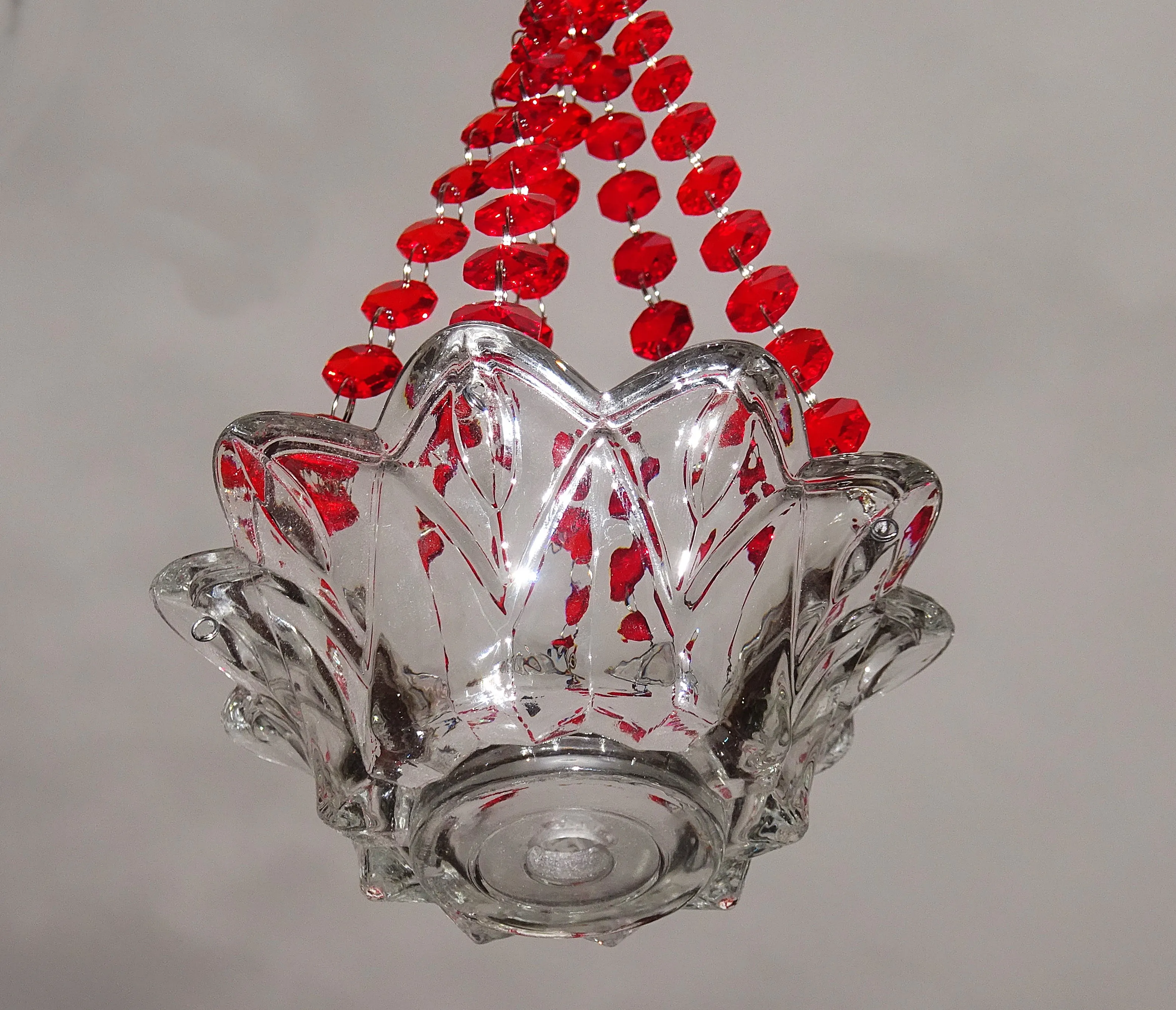 CLEARANCE Red Glass Chandelier Tea Light Candle Holder Wedding Event or Garden Feature