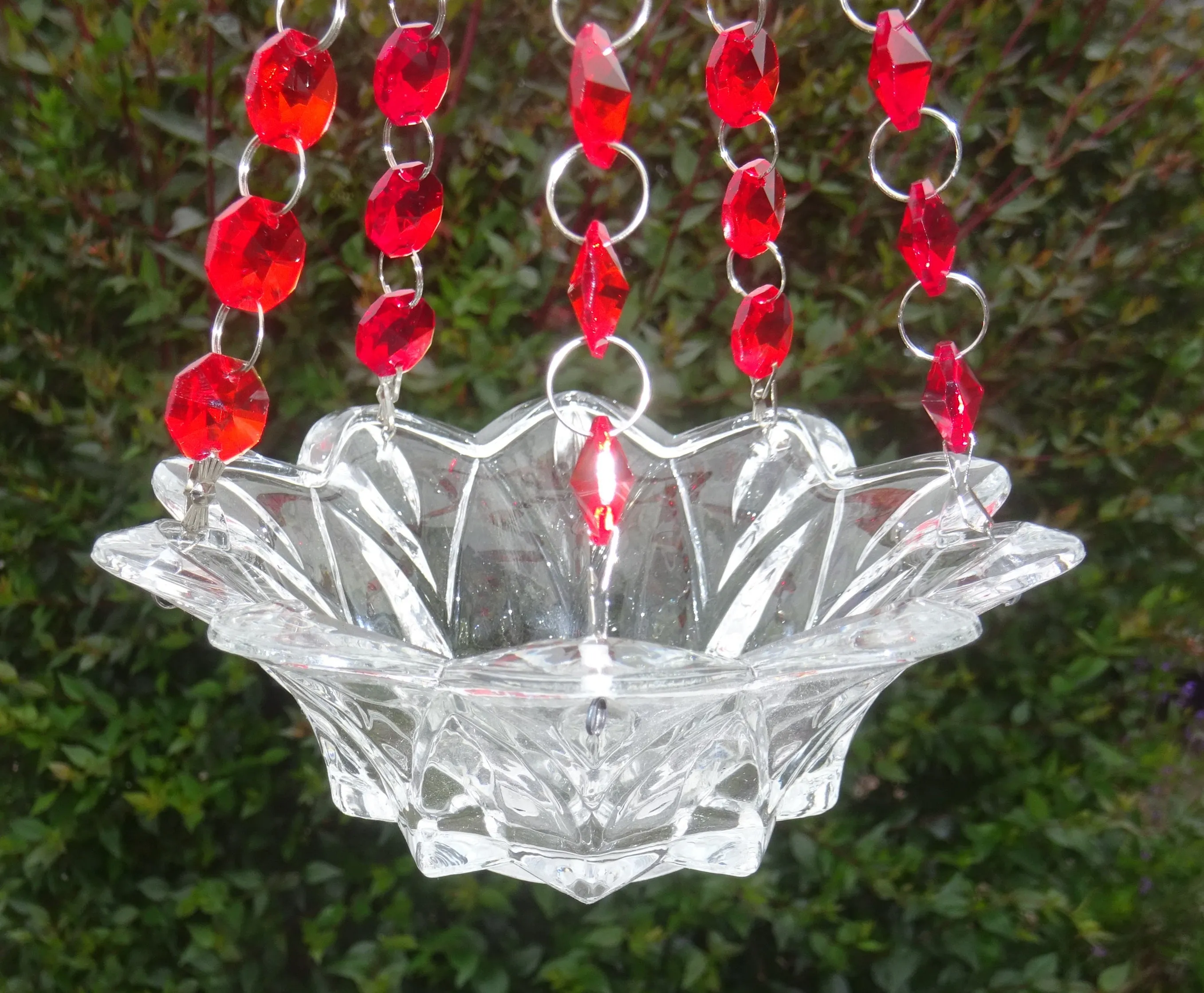 CLEARANCE Red Glass Chandelier Tea Light Candle Holder Wedding Event or Garden Feature