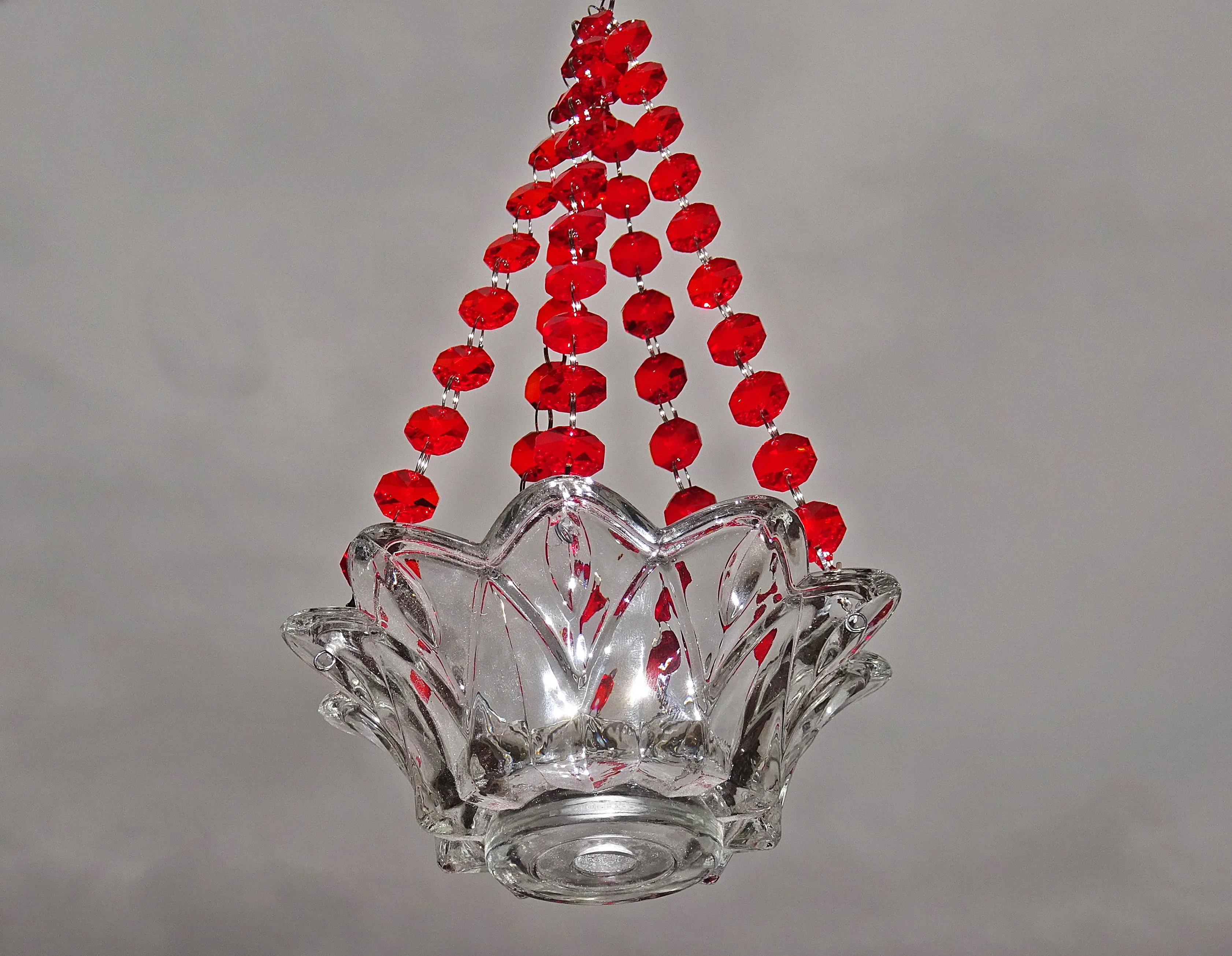 CLEARANCE Red Glass Chandelier Tea Light Candle Holder Wedding Event or Garden Feature