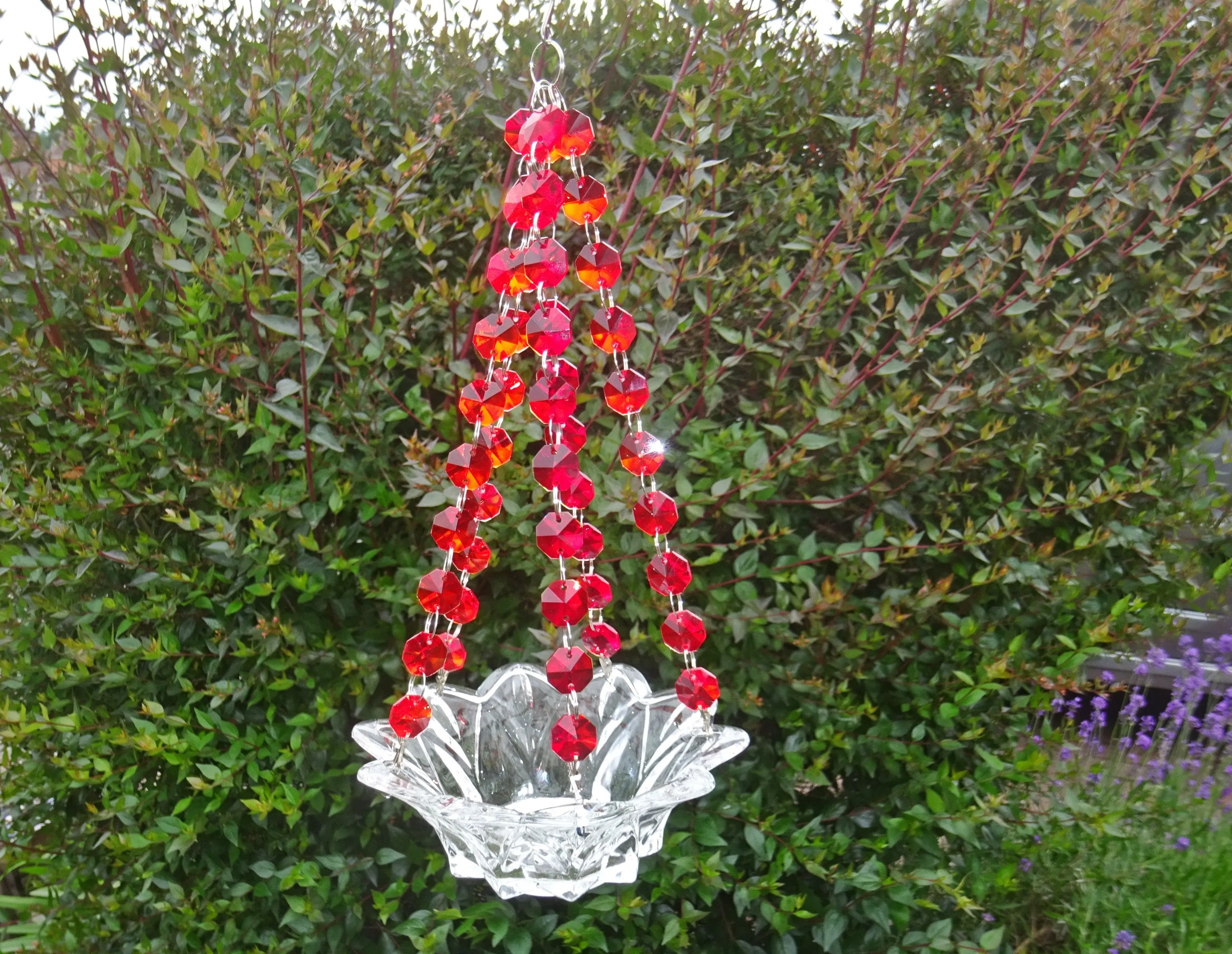 CLEARANCE Red Glass Chandelier Tea Light Candle Holder Wedding Event or Garden Feature