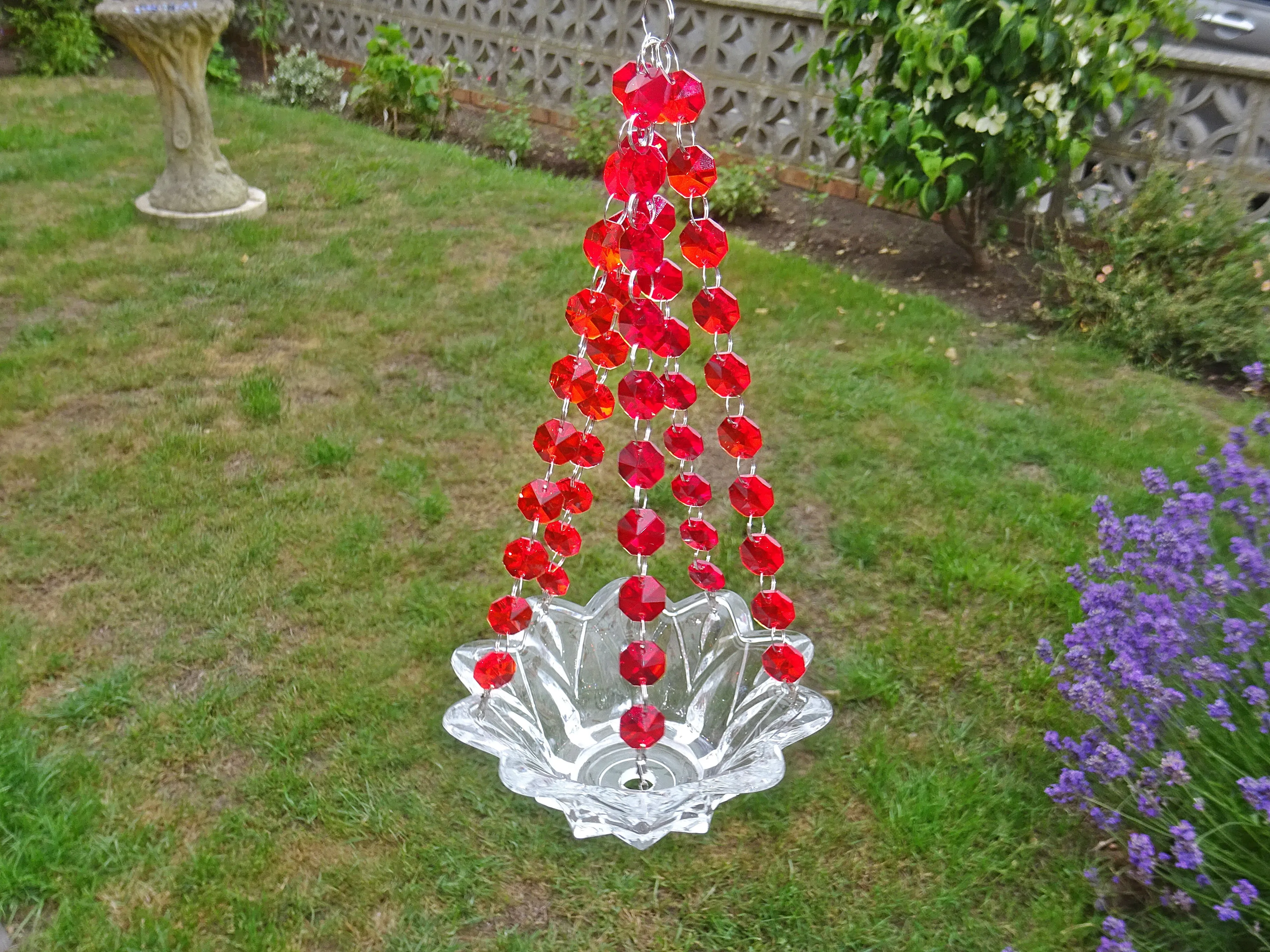 CLEARANCE Red Glass Chandelier Tea Light Candle Holder Wedding Event or Garden Feature