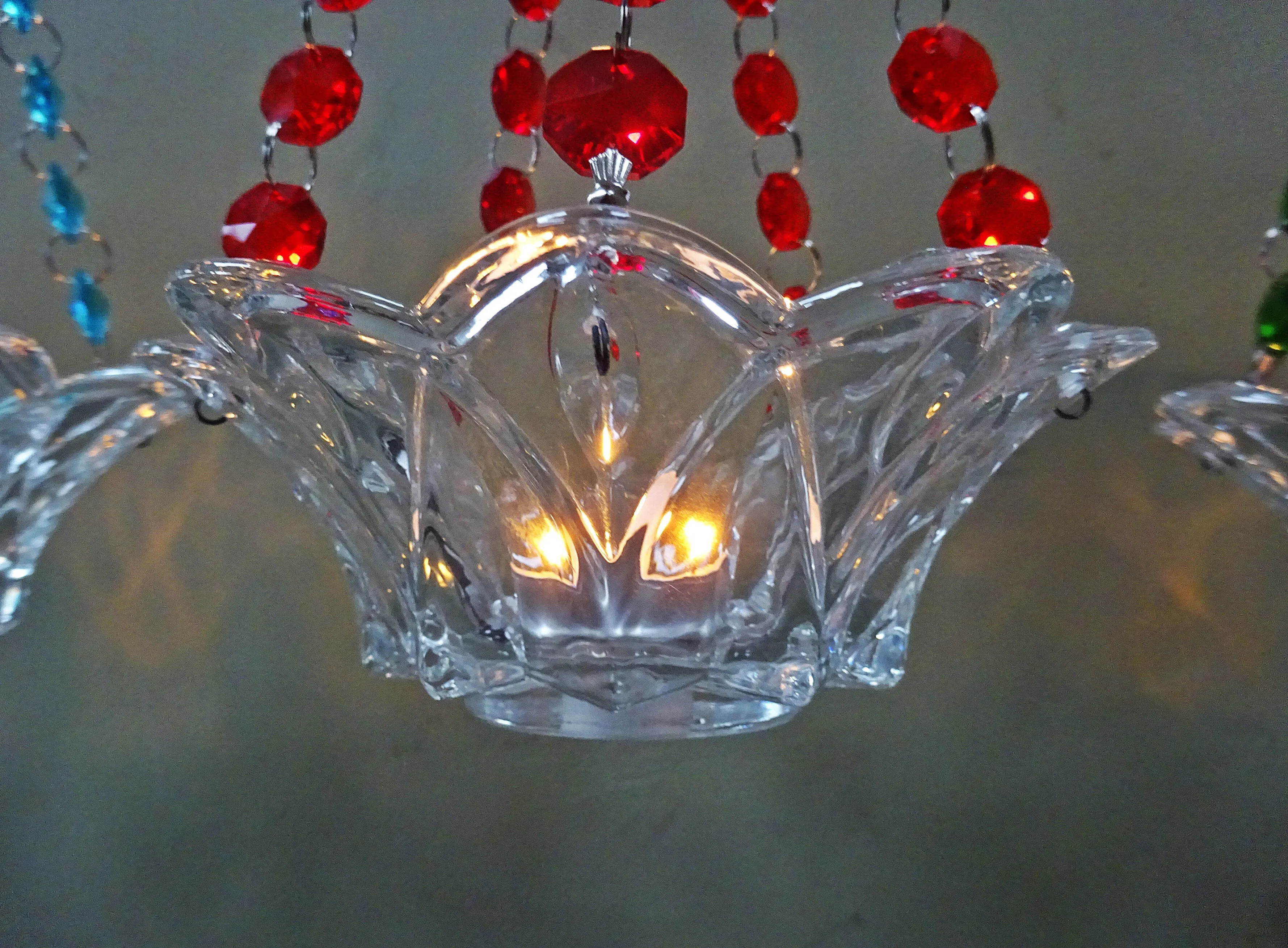 CLEARANCE Red Glass Chandelier Tea Light Candle Holder Wedding Event or Garden Feature