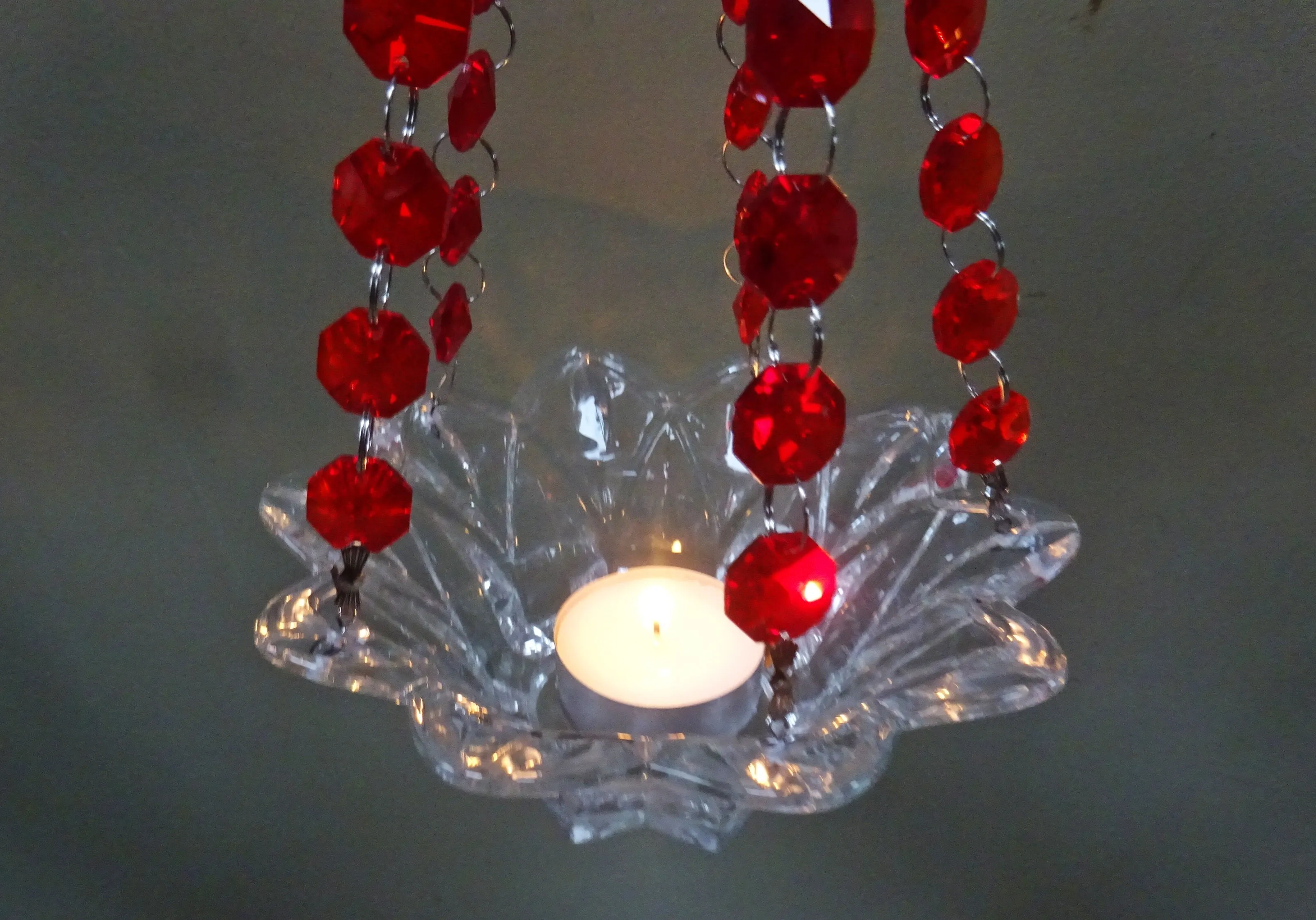 CLEARANCE Red Glass Chandelier Tea Light Candle Holder Wedding Event or Garden Feature