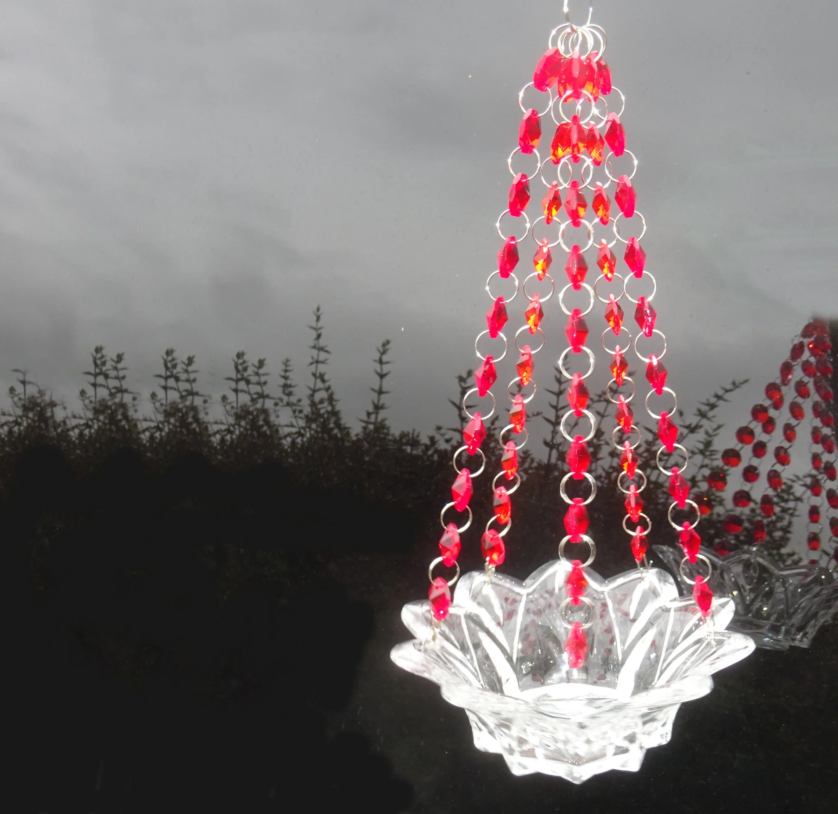 CLEARANCE Red Glass Chandelier Tea Light Candle Holder Wedding Event or Garden Feature