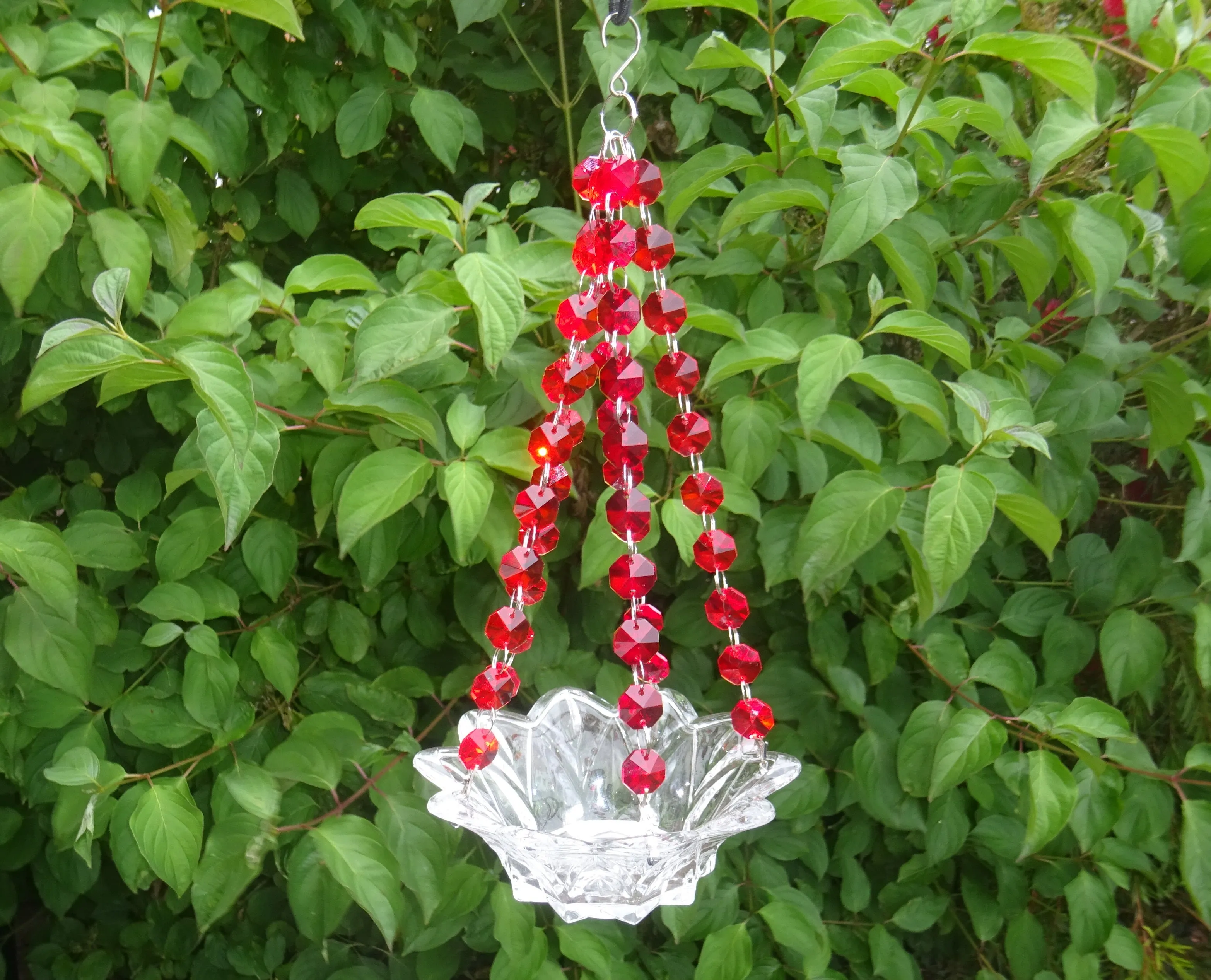 CLEARANCE Red Glass Chandelier Tea Light Candle Holder Wedding Event or Garden Feature