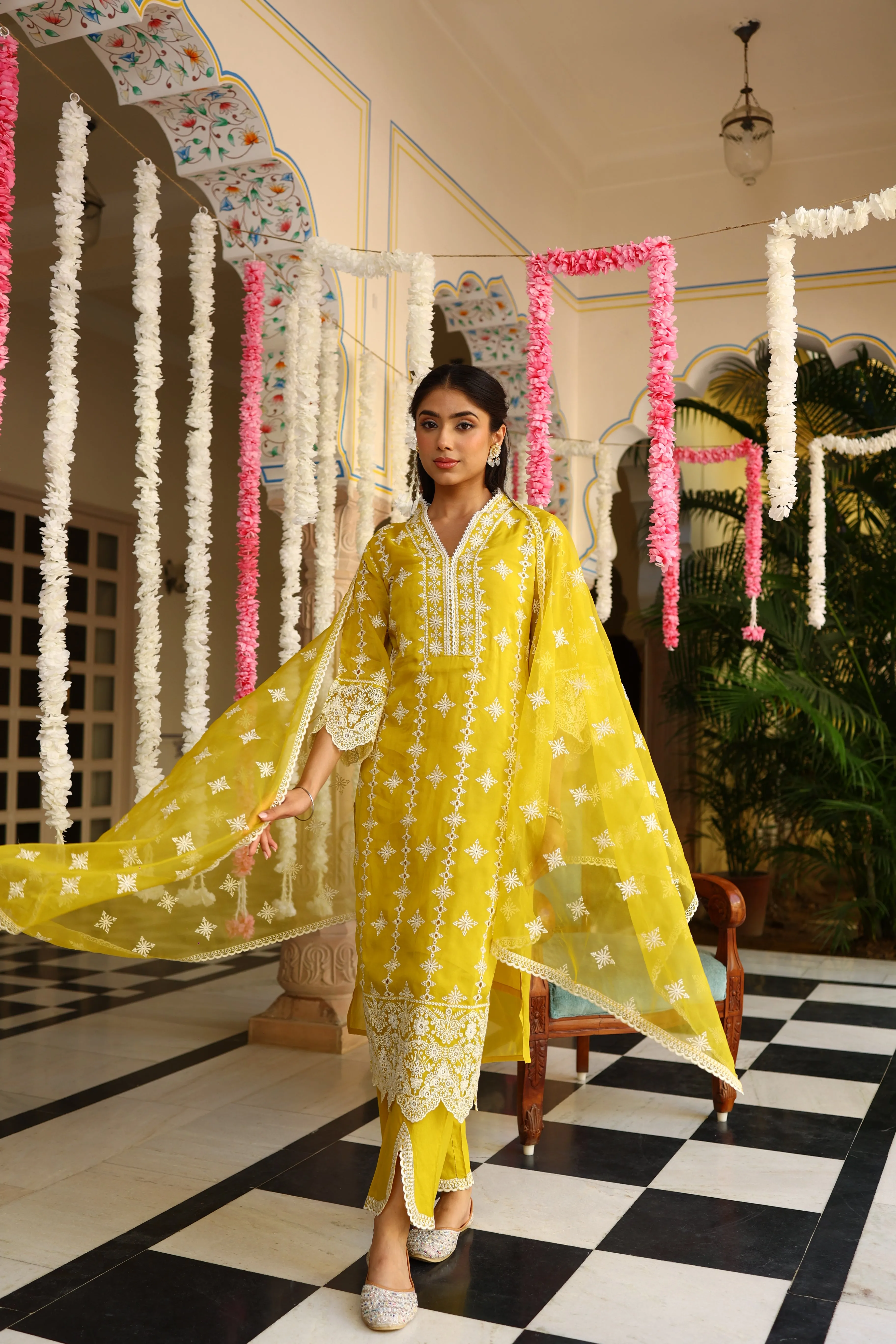 Corn Yellow Chikankari Organza Silk Kurta Set